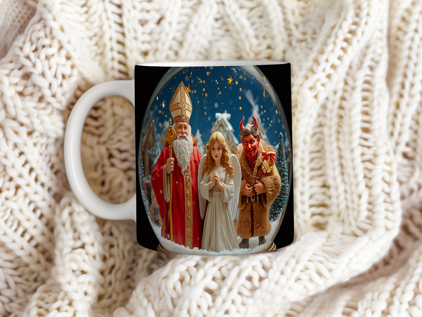 Hrnek s motivem Mikuláše, čerta a anděla – třpytivá hvězdná noc