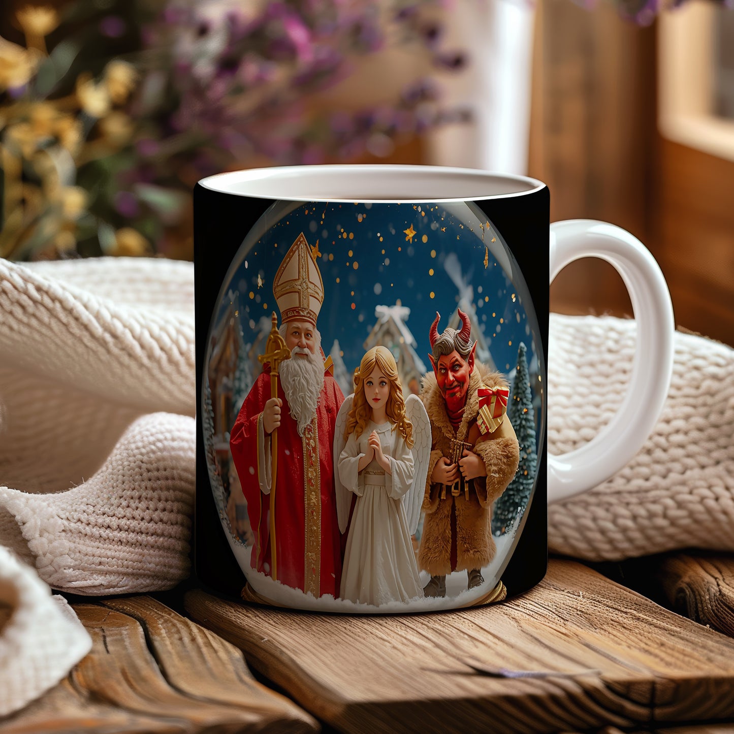 Hrnek s motivem Mikuláše, čerta a anděla – třpytivá hvězdná noc