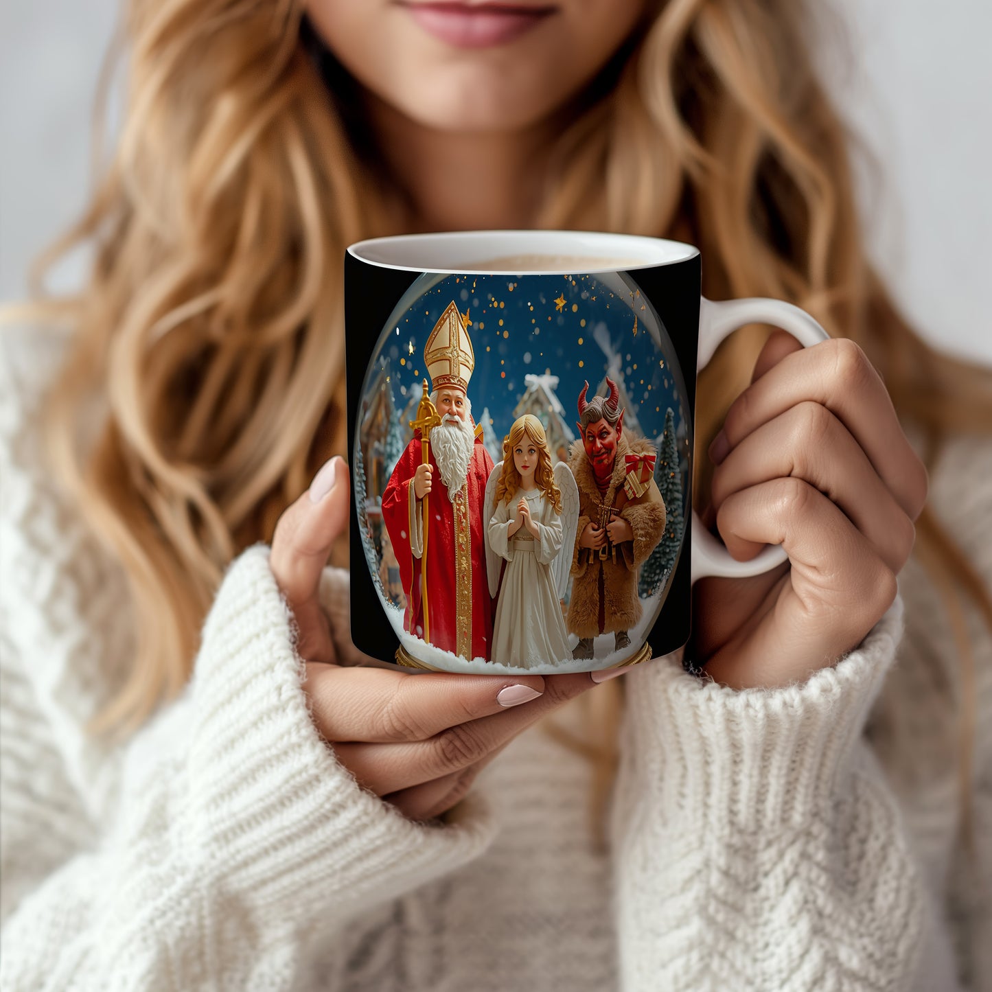 Hrnek s motivem Mikuláše, čerta a anděla – třpytivá hvězdná noc