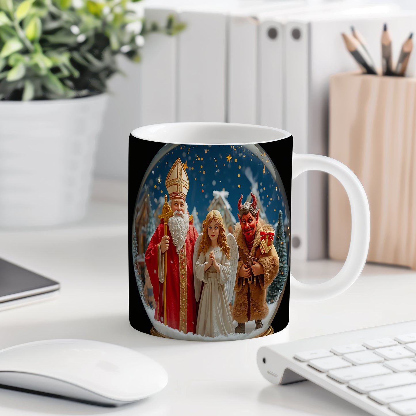 Hrnek s motivem Mikuláše, čerta a anděla – třpytivá hvězdná noc