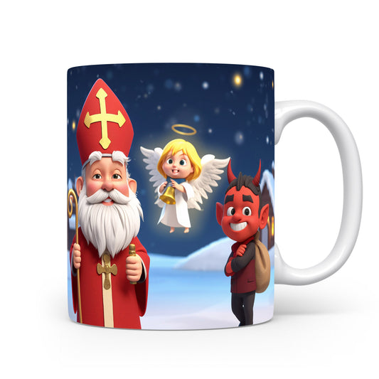 Mikuláš, čert a anděl před zasněženými horami