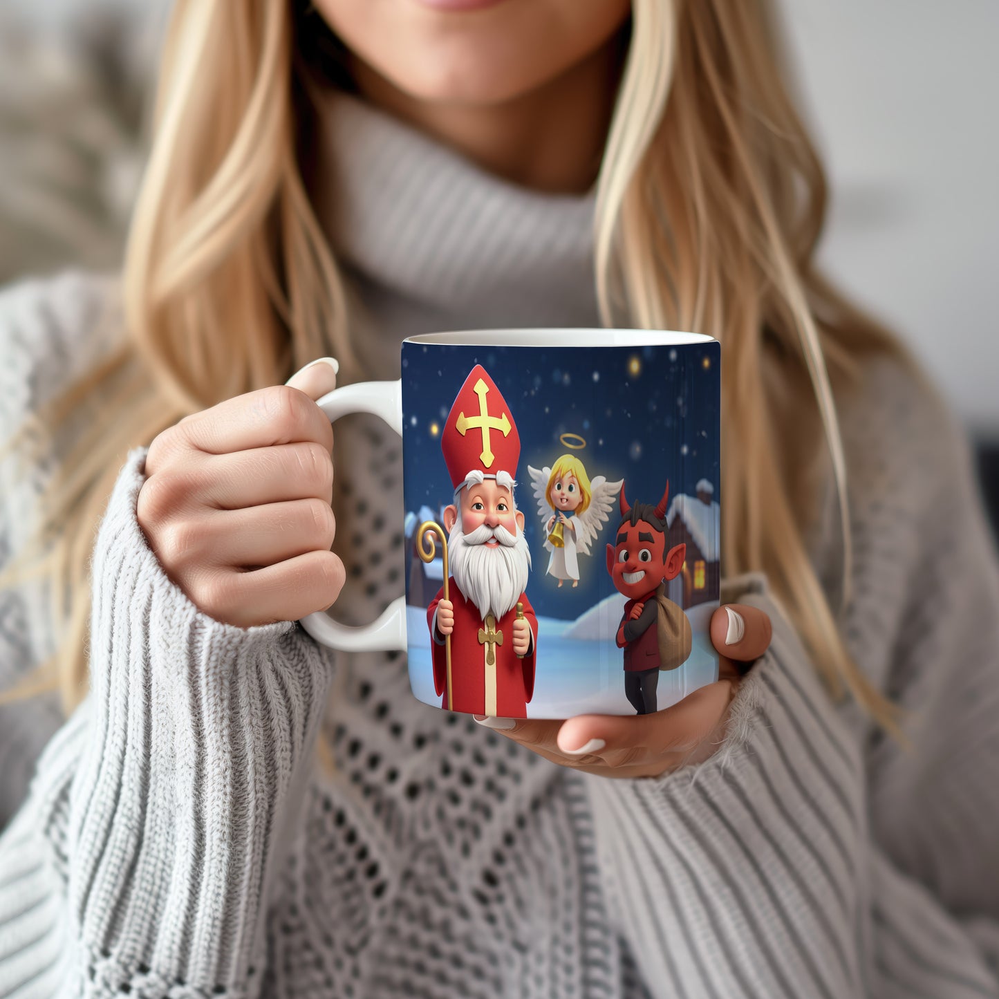 Hrnek s motivem Mikuláše, čerta a anděla – slavnostní zimní krajina