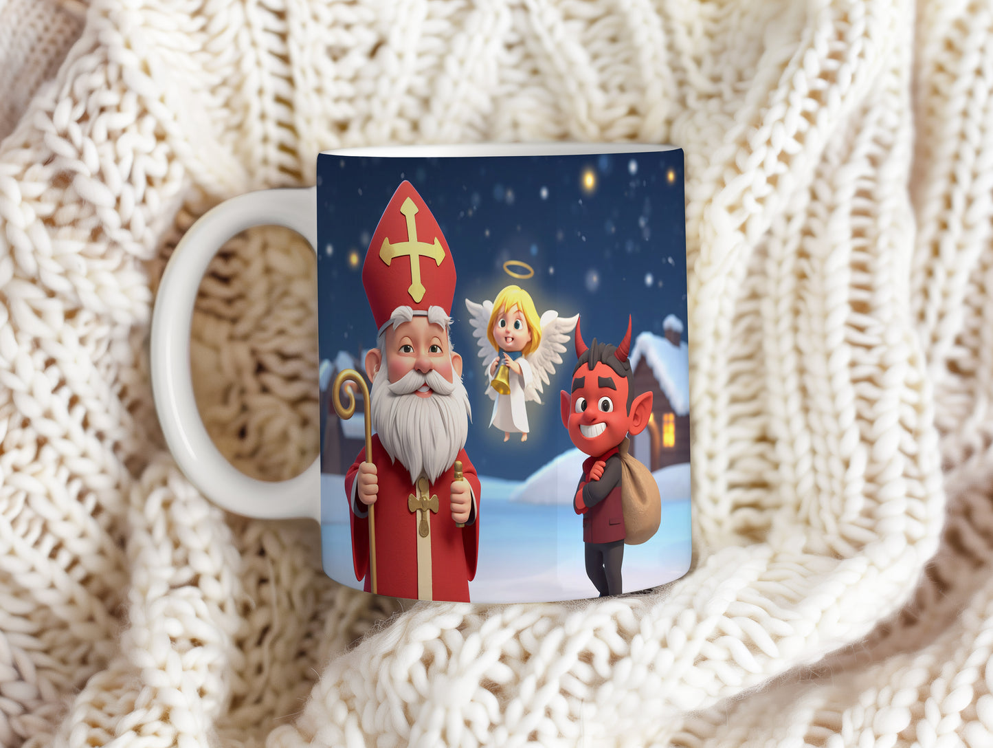Hrnek s motivem Mikuláše, čerta a anděla – slavnostní zimní krajina
