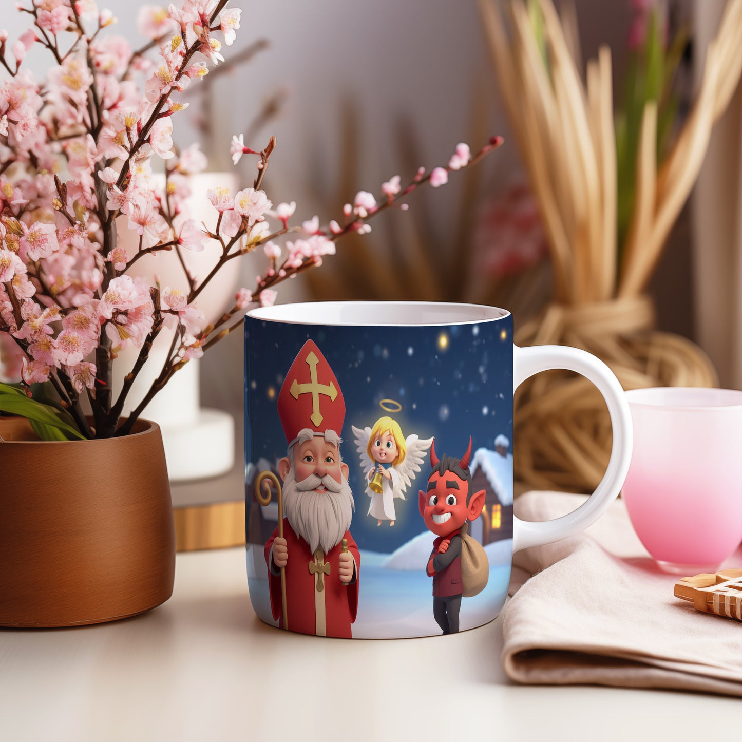 Hrnek s motivem Mikuláše, čerta a anděla – slavnostní zimní krajina