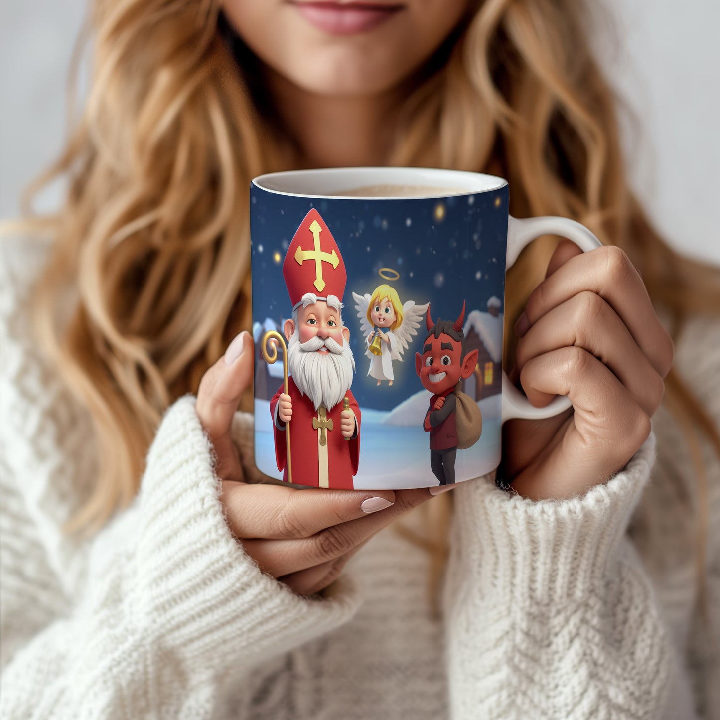 Hrnek s motivem Mikuláše, čerta a anděla – slavnostní zimní krajina