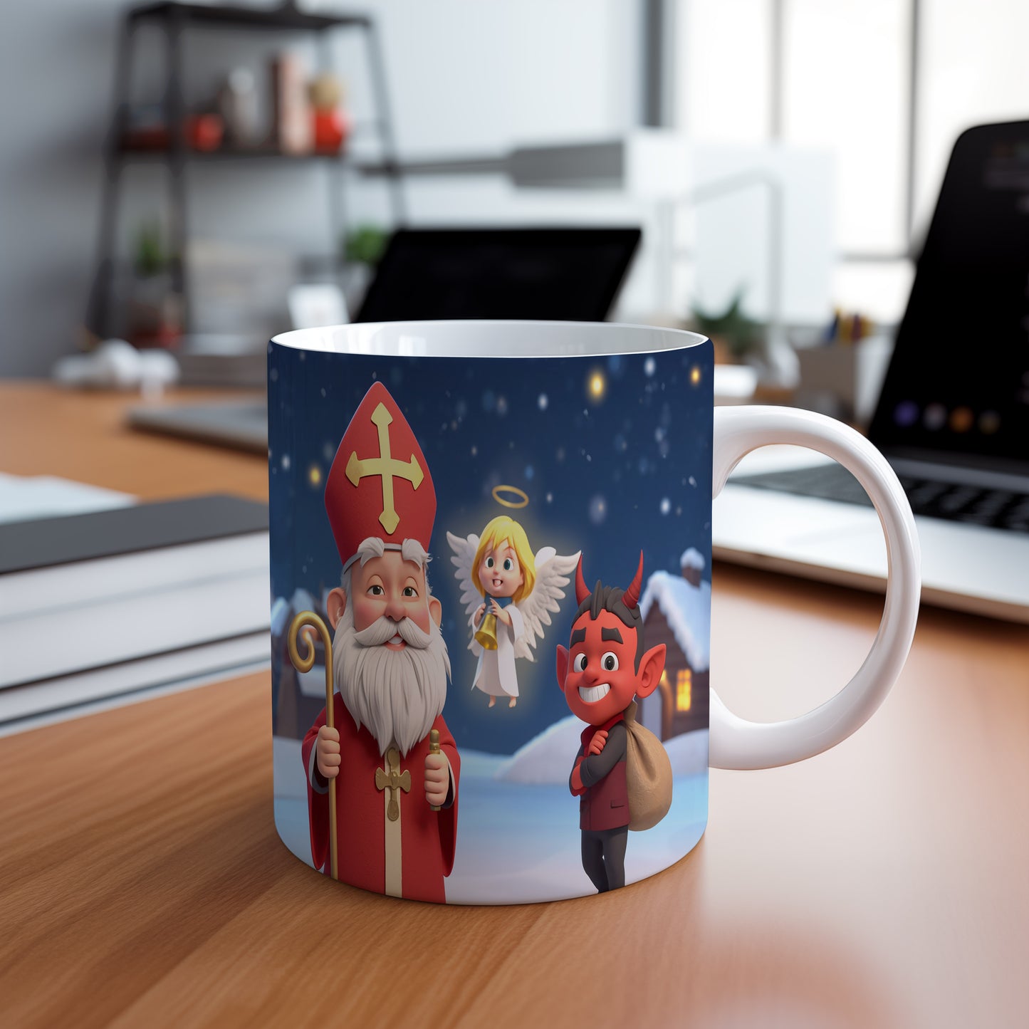 Hrnek s motivem Mikuláše, čerta a anděla – slavnostní zimní krajina