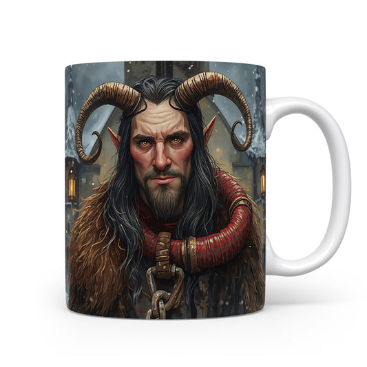 Čert s rohy a řetězy na zimní vesnici