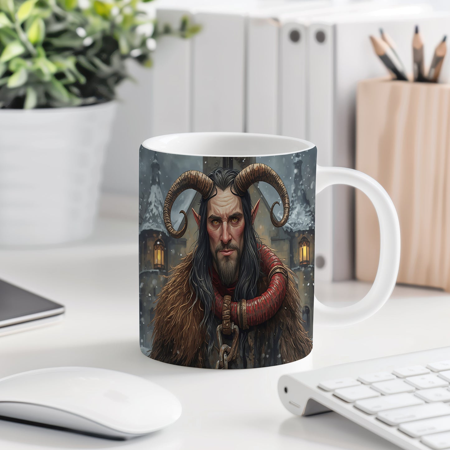 Hrnek s motivem čerta – tajemná zimní noc