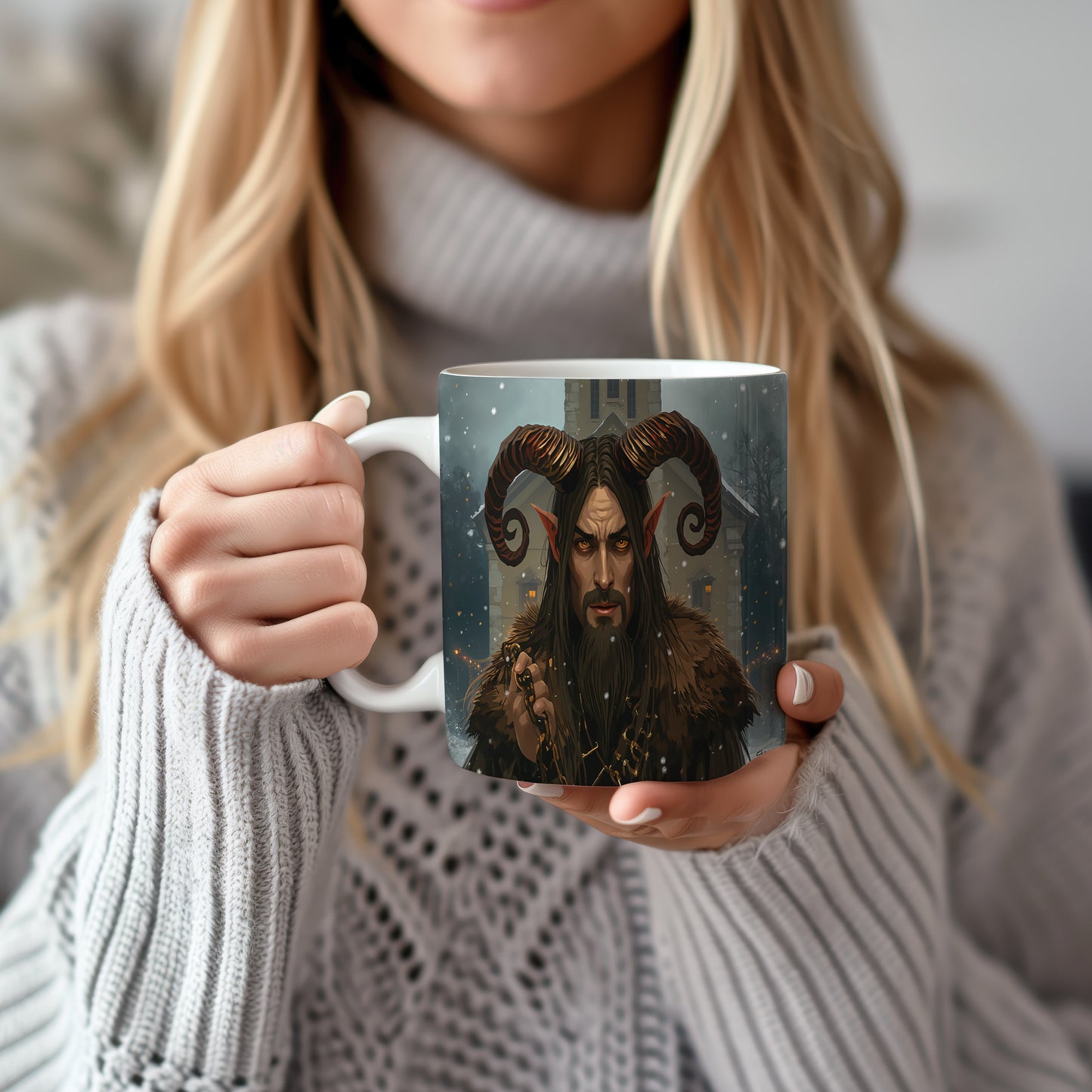 Hrnek s motivem čerta – tajemný zimní kostel