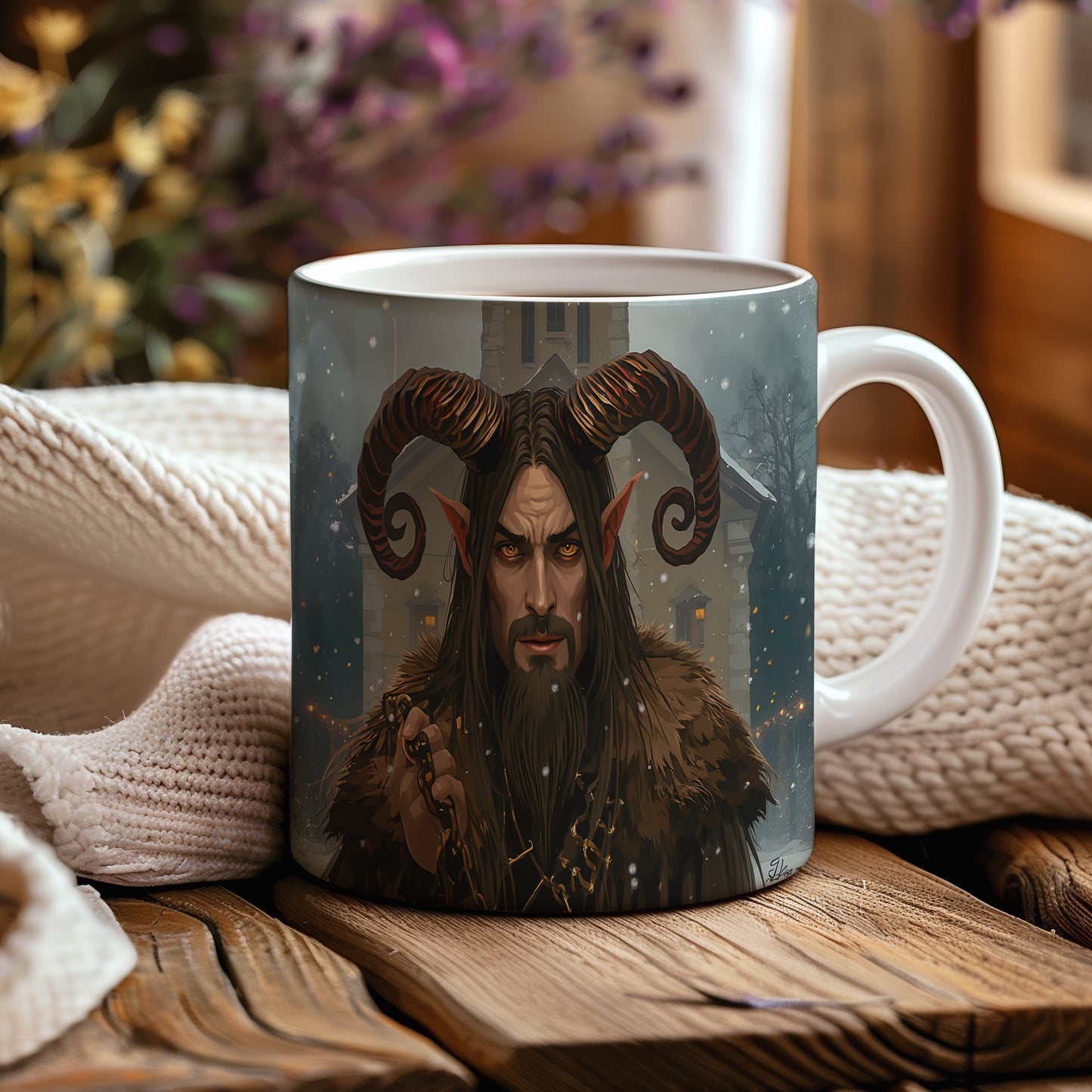 Hrnek s motivem čerta – tajemný zimní kostel