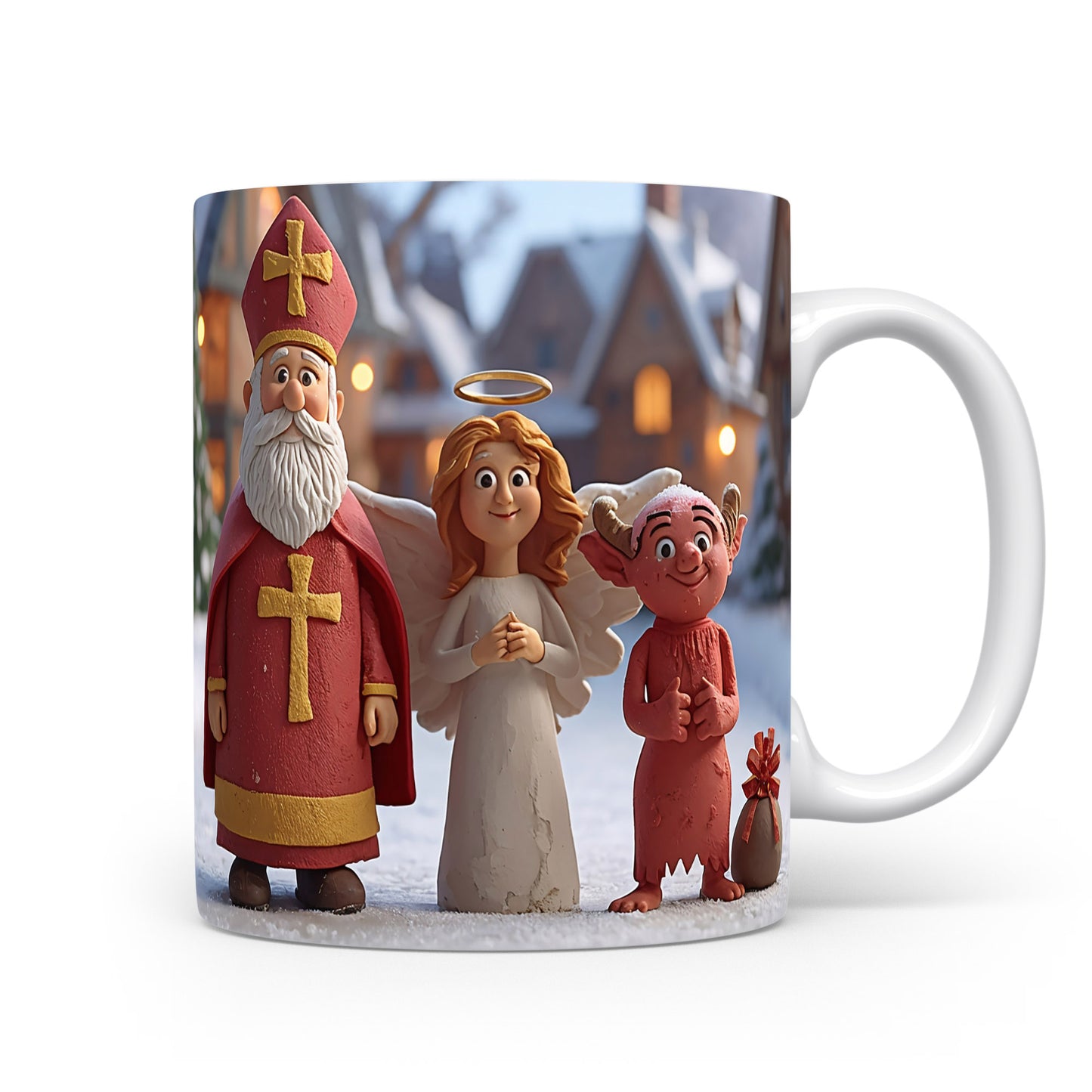 Mikuláš, čert a anděl na zasněžené vesnické scéně