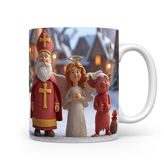 Mikuláš, čert a anděl na zasněžené vesnické scéně