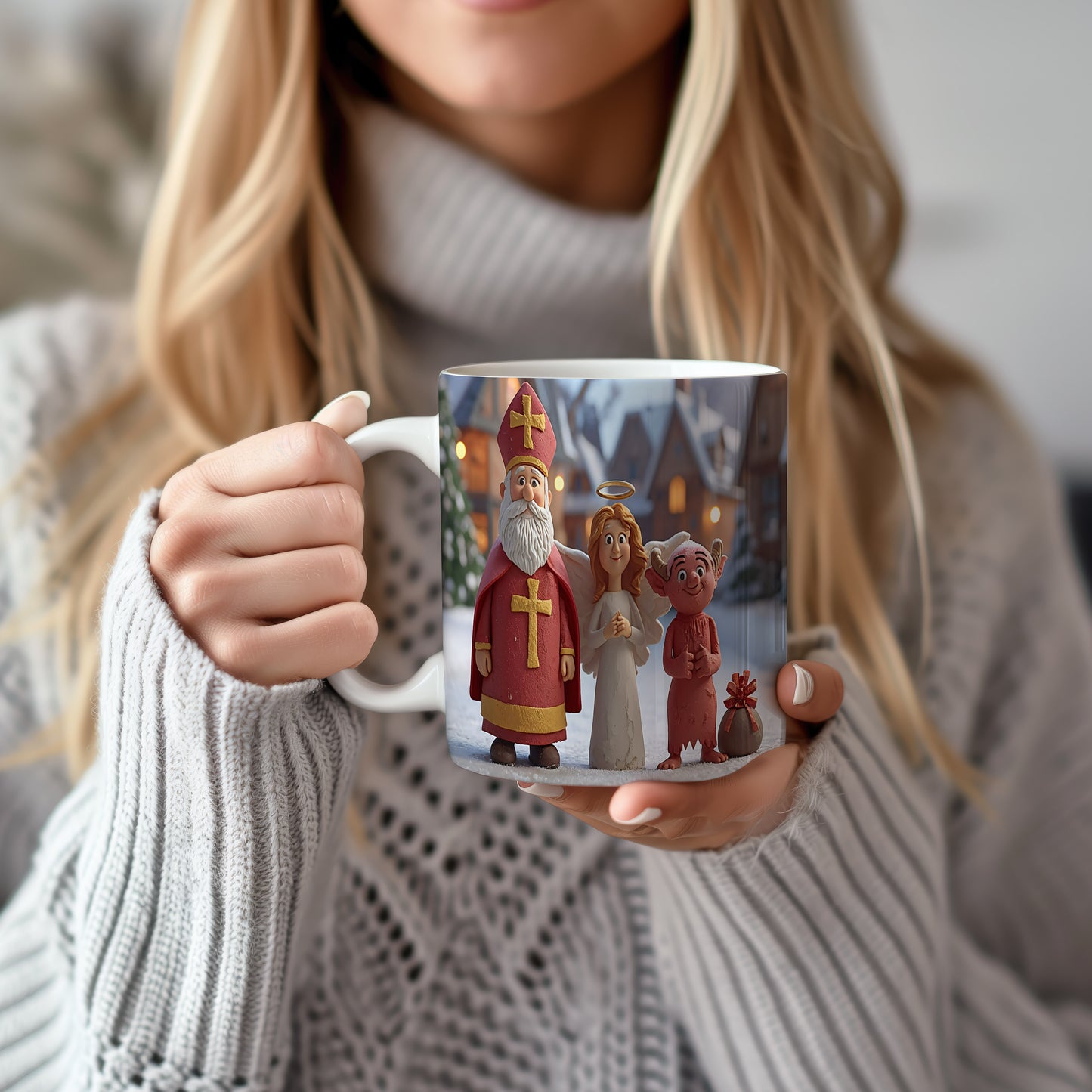 Hrnek s motivem Mikuláše, čerta a anděla – zasněžený večerní klid