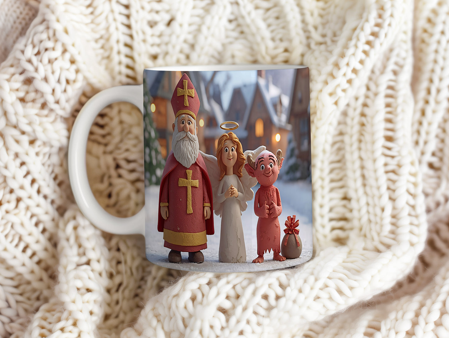 Hrnek s motivem Mikuláše, čerta a anděla – zasněžený večerní klid