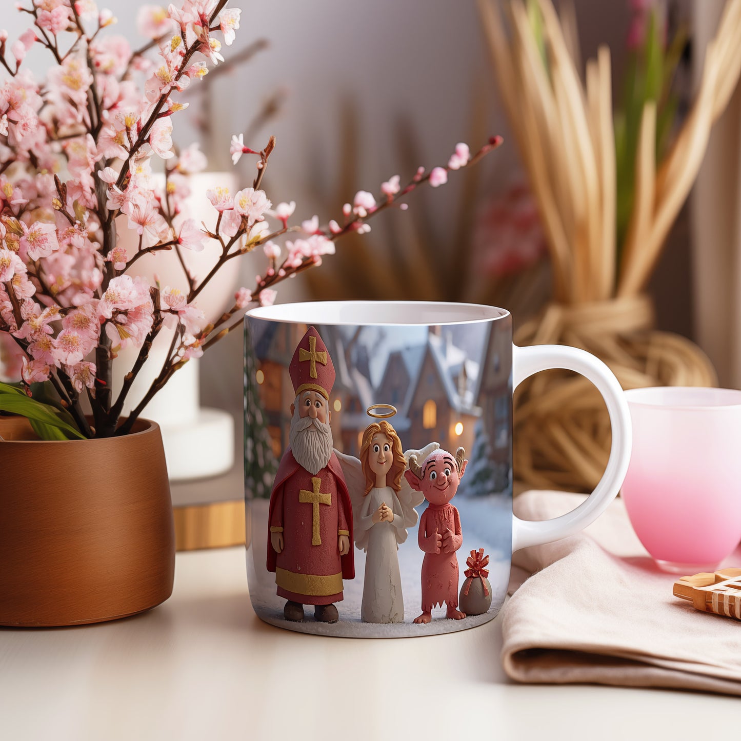 Hrnek s motivem Mikuláše, čerta a anděla – zasněžený večerní klid