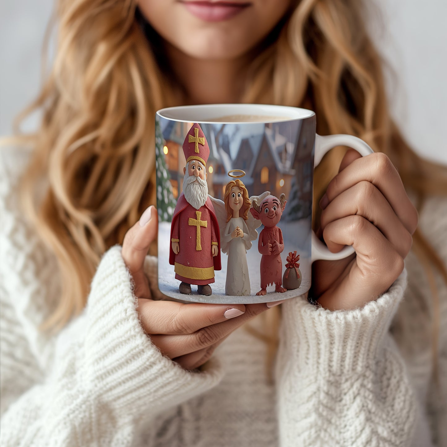 Hrnek s motivem Mikuláše, čerta a anděla – zasněžený večerní klid