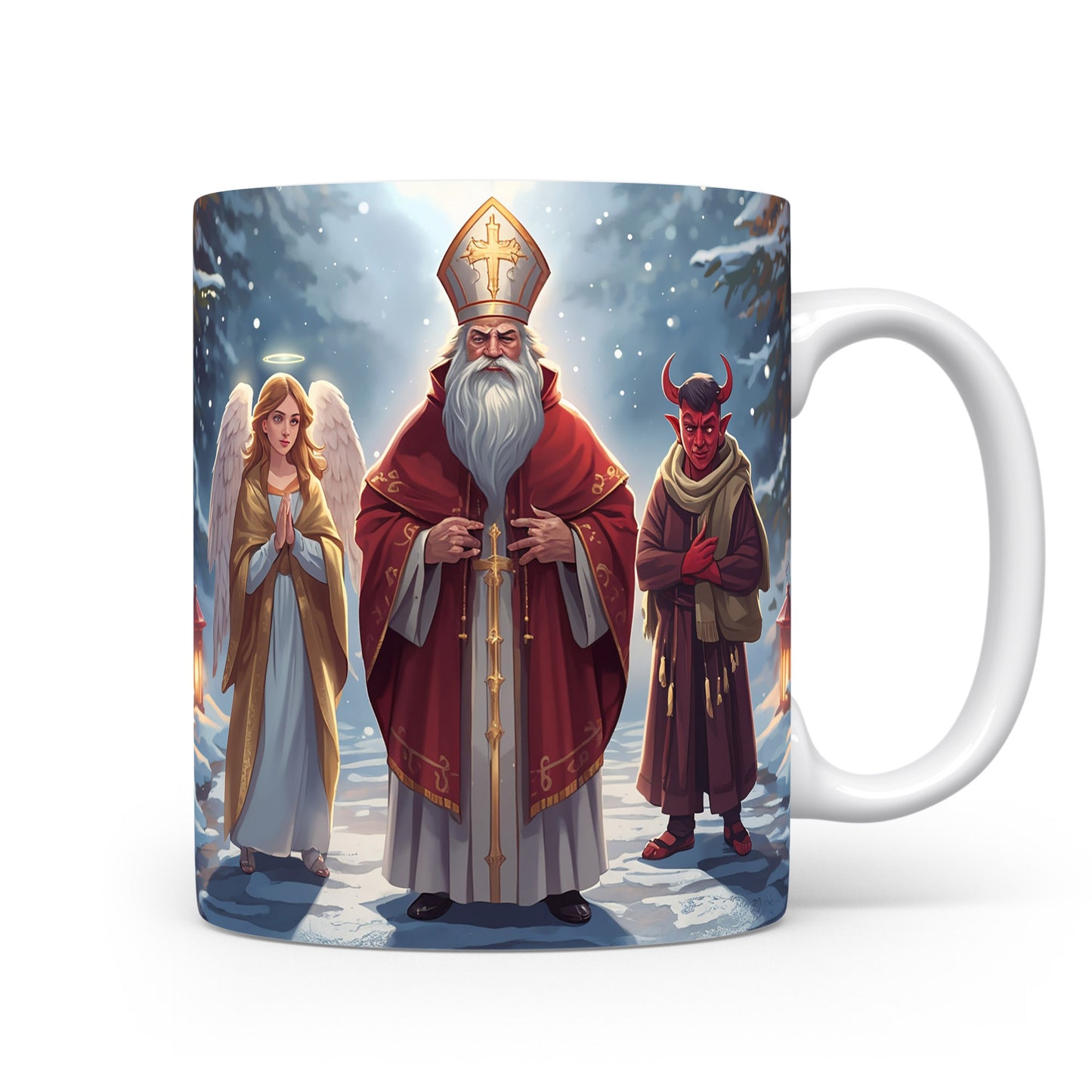 Hrnek s Mikulášem, čertem a andělem na zimní lesní cestě