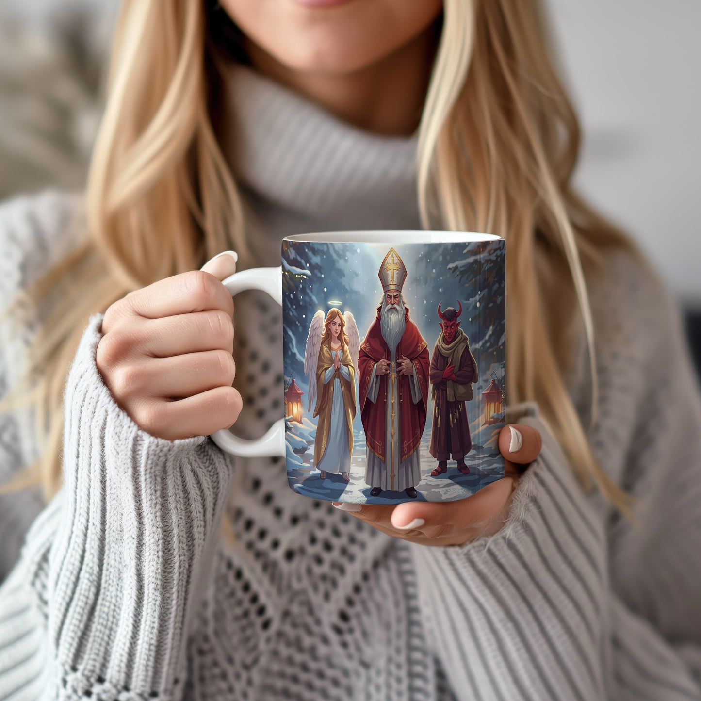 Hrnek s motivem Mikuláše, čerta a anděla – zimní lesní cesta