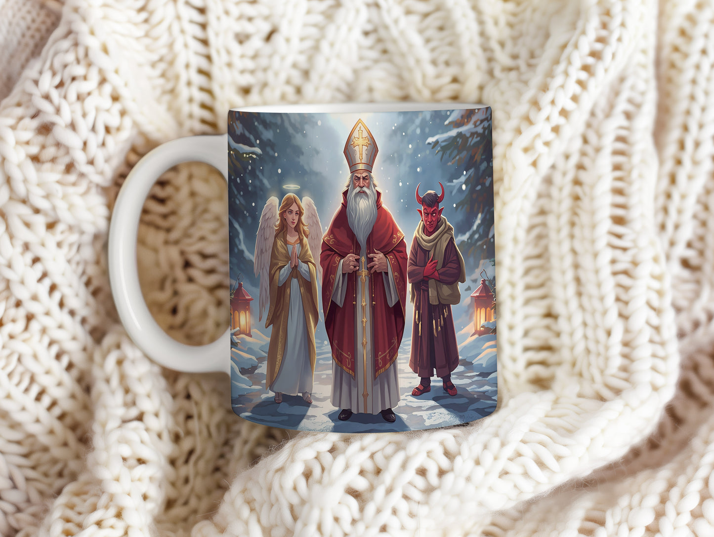 Hrnek s motivem Mikuláše, čerta a anděla – zimní lesní cesta
