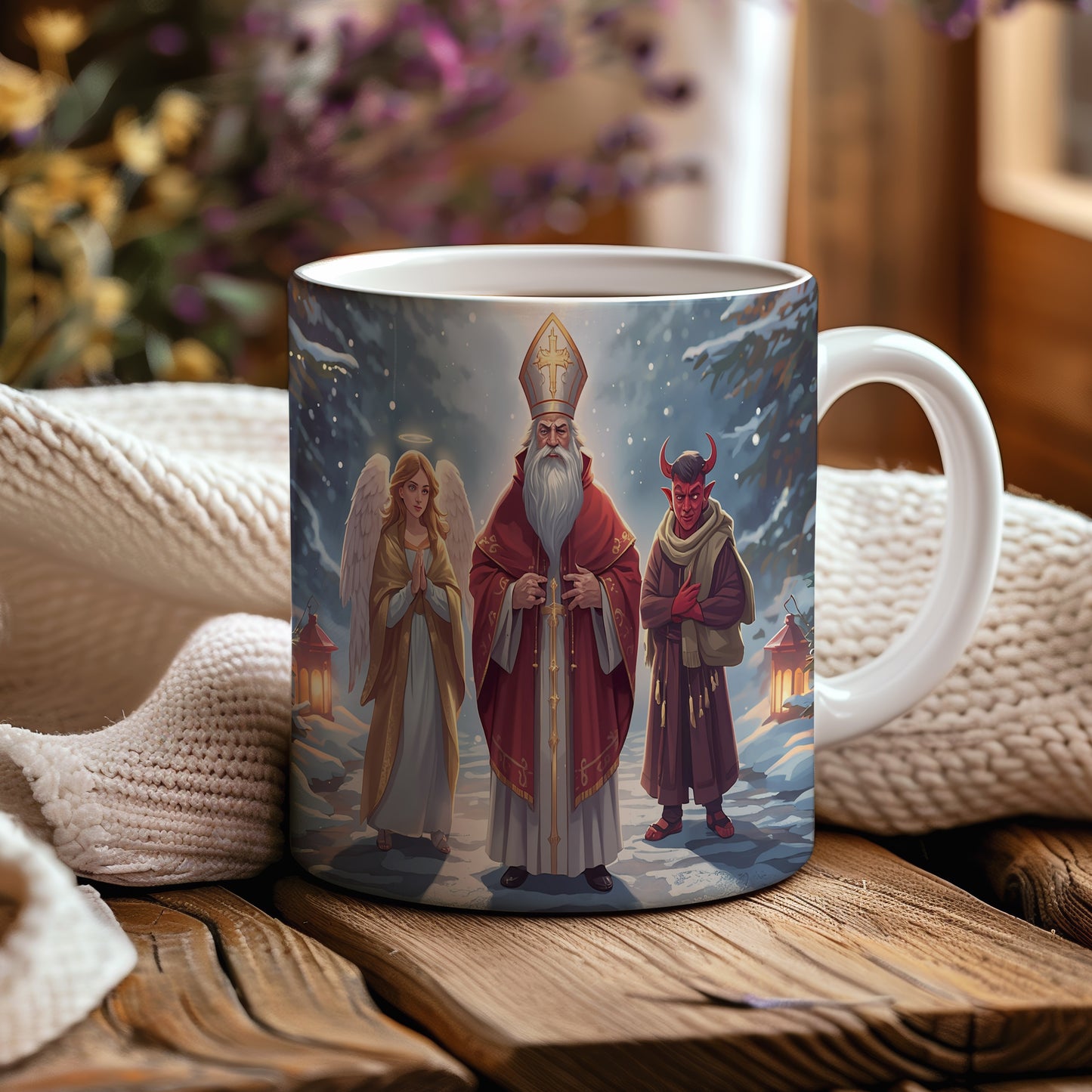 Hrnek s motivem Mikuláše, čerta a anděla – zimní lesní cesta