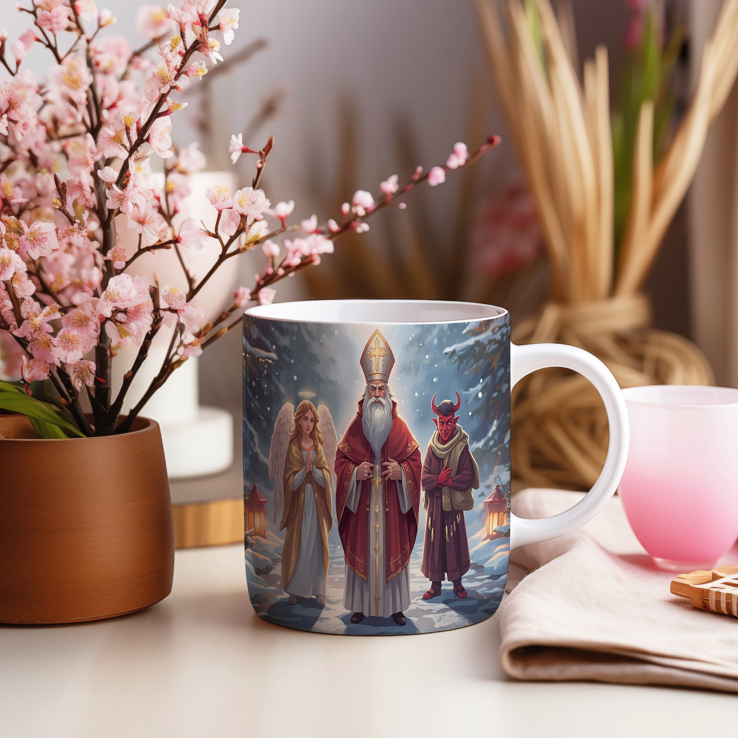 Hrnek s motivem Mikuláše, čerta a anděla – zimní lesní cesta