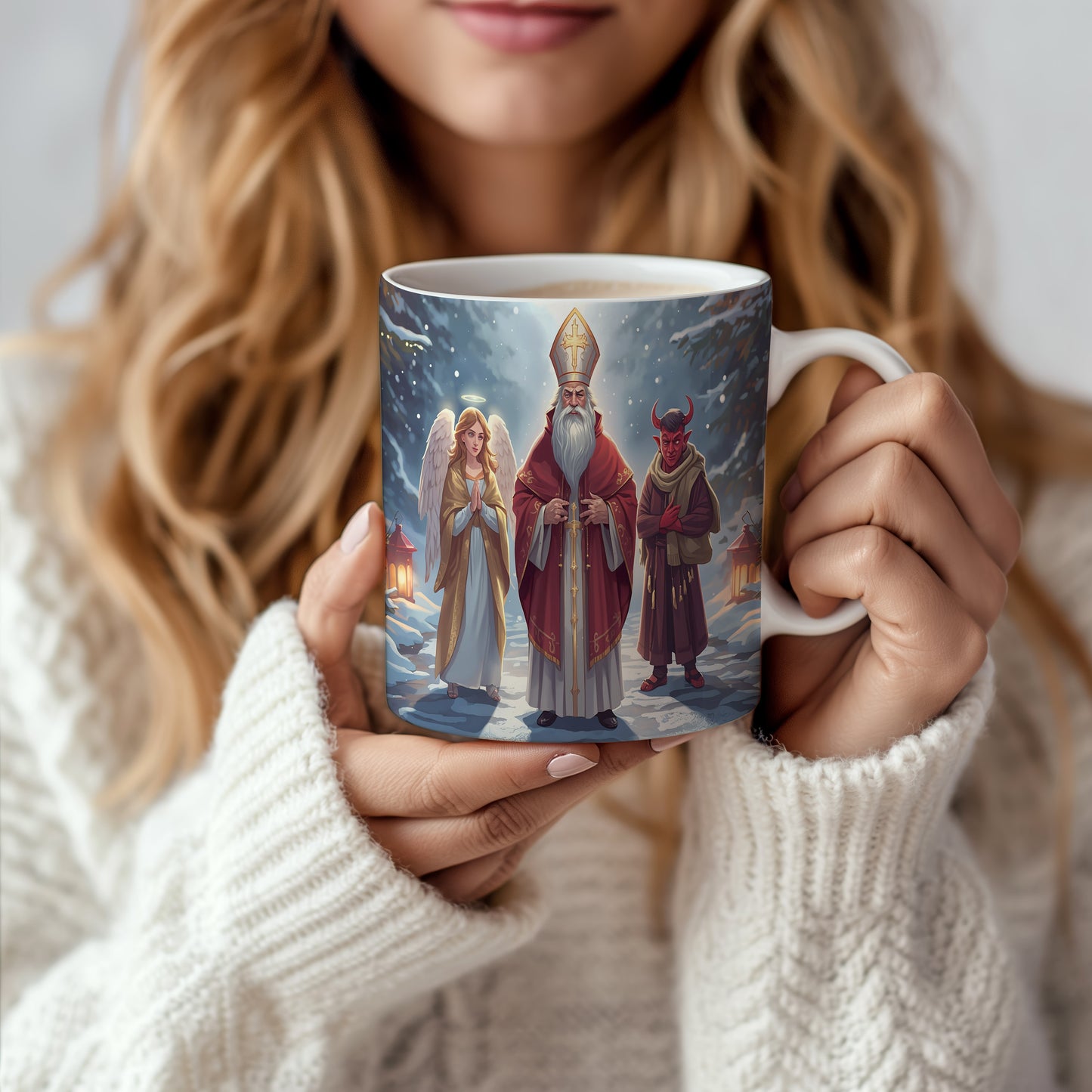 Hrnek s motivem Mikuláše, čerta a anděla – zimní lesní cesta