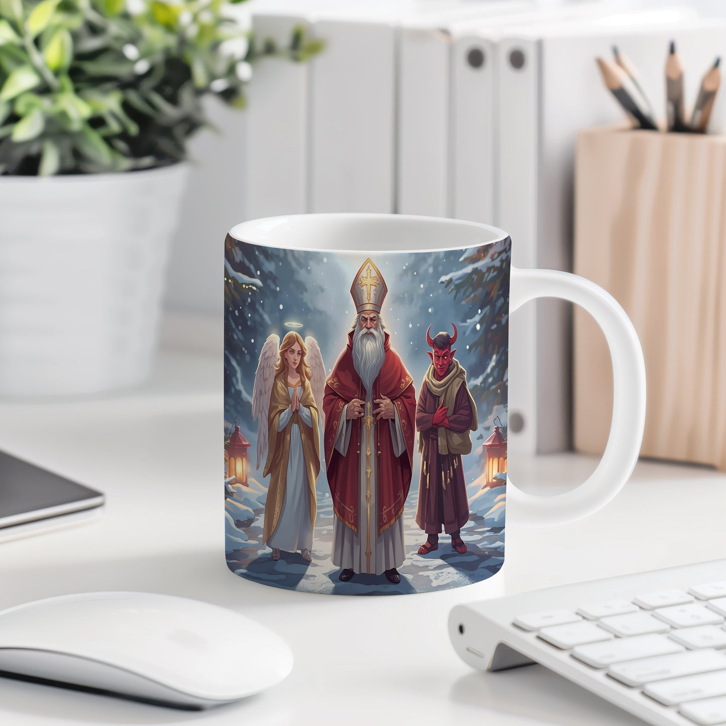 Hrnek s motivem Mikuláše, čerta a anděla – zimní lesní cesta