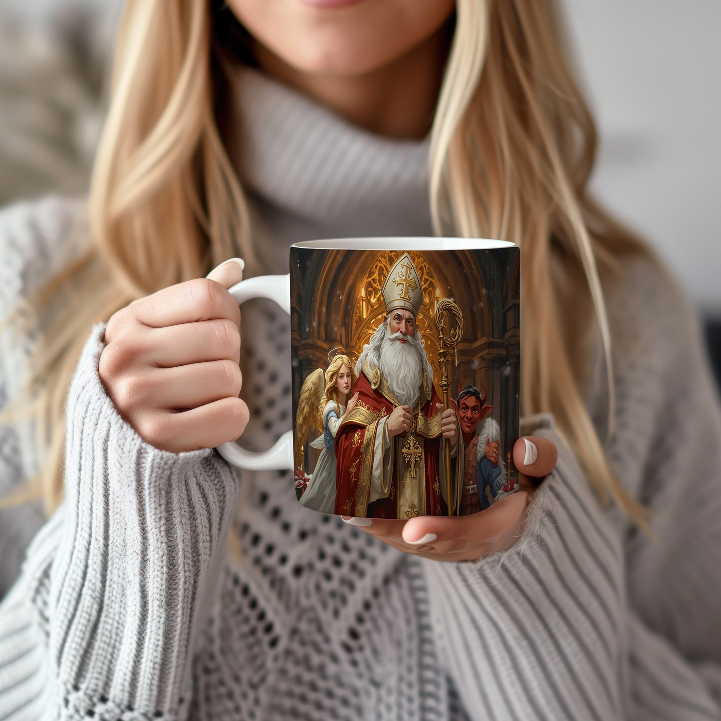 Hrnek s motivem Mikuláše, čerta a anděla – slavnostní gotická katedrála