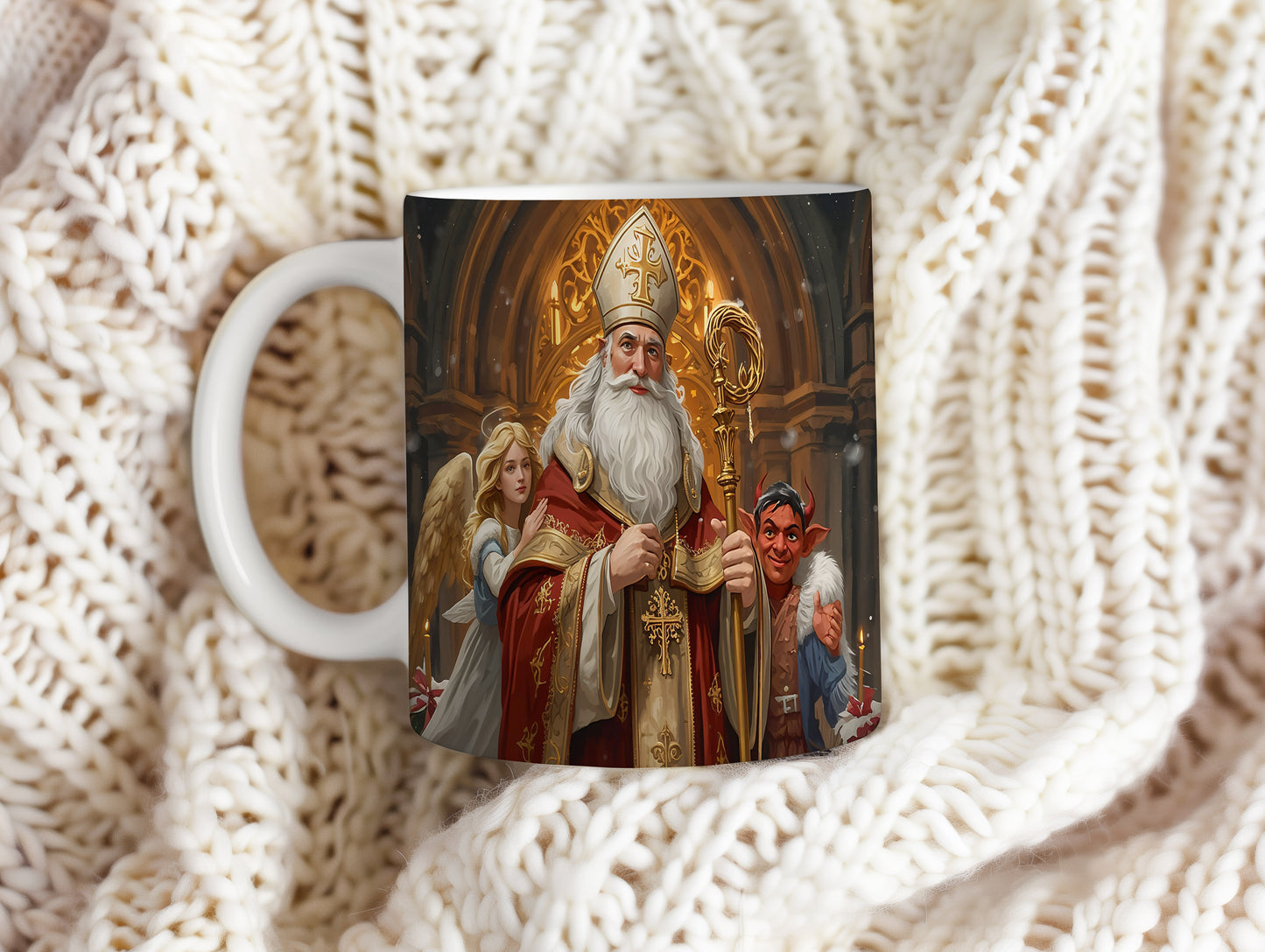 Hrnek s motivem Mikuláše, čerta a anděla – slavnostní gotická katedrála