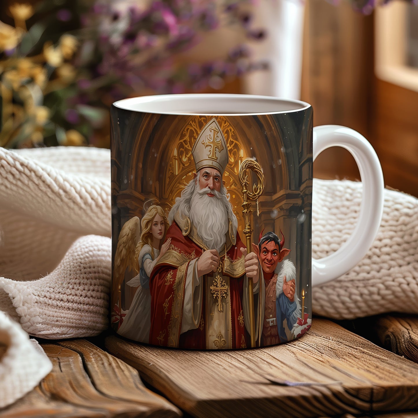 Hrnek s motivem Mikuláše, čerta a anděla – slavnostní gotická katedrála