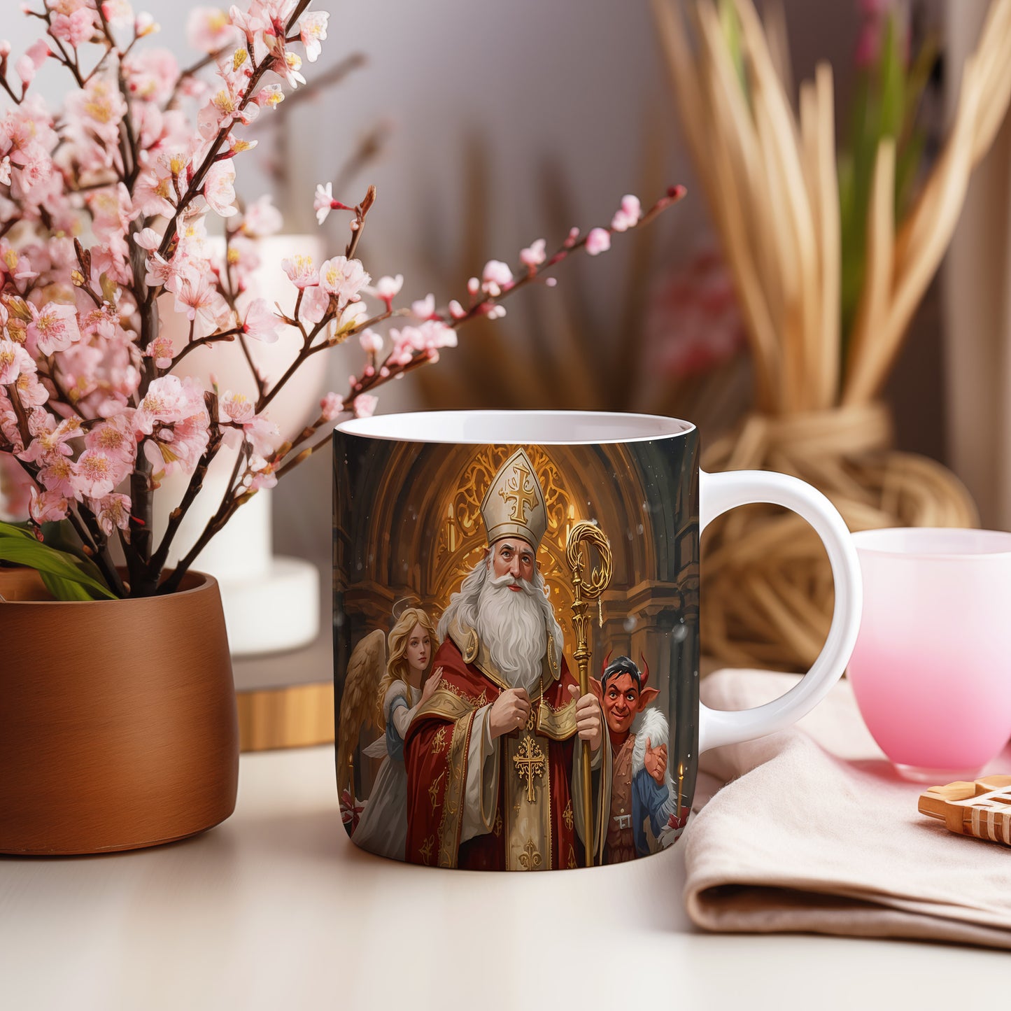 Hrnek s motivem Mikuláše, čerta a anděla – slavnostní gotická katedrála