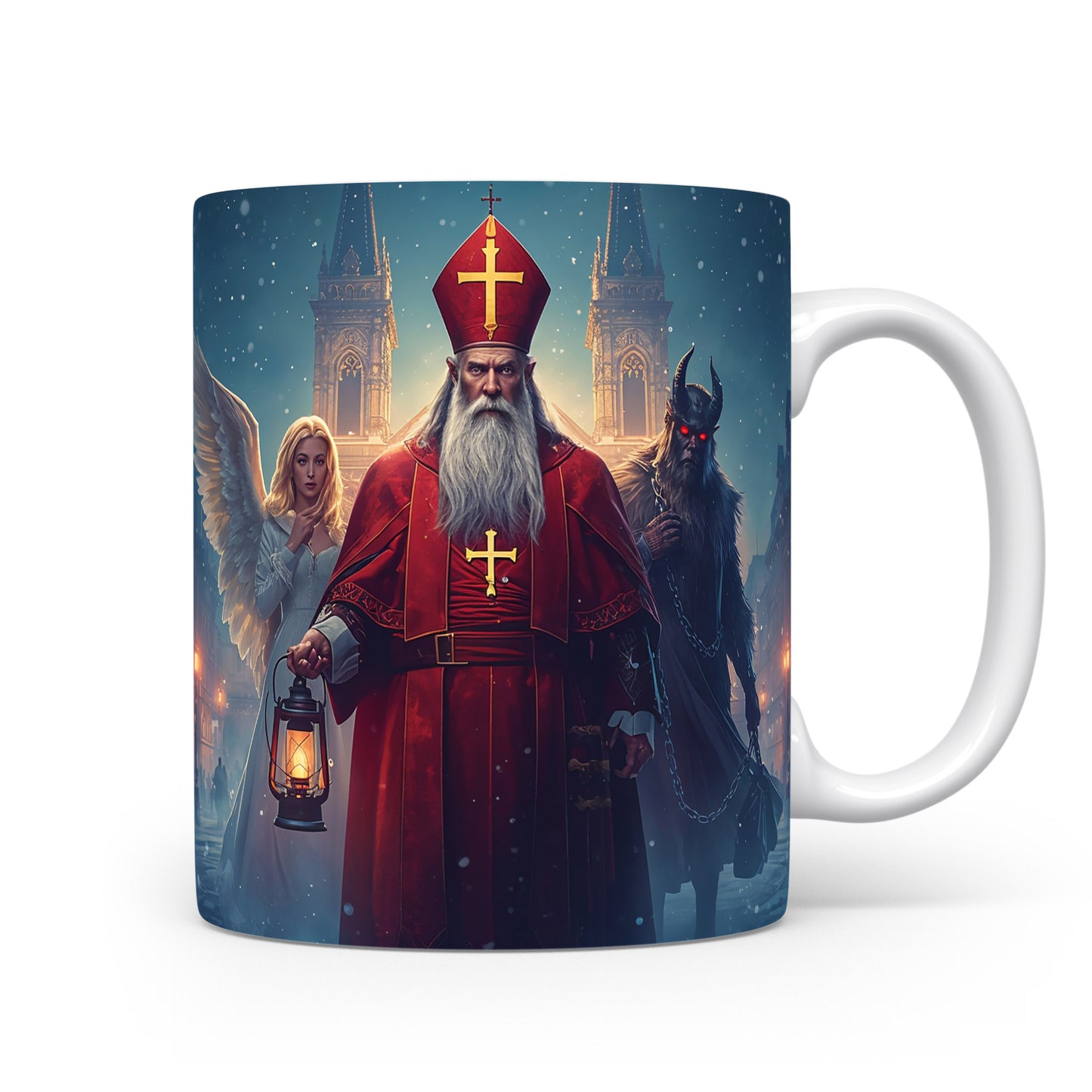 Mikuláš, čert a anděl před kostelem na hrnku