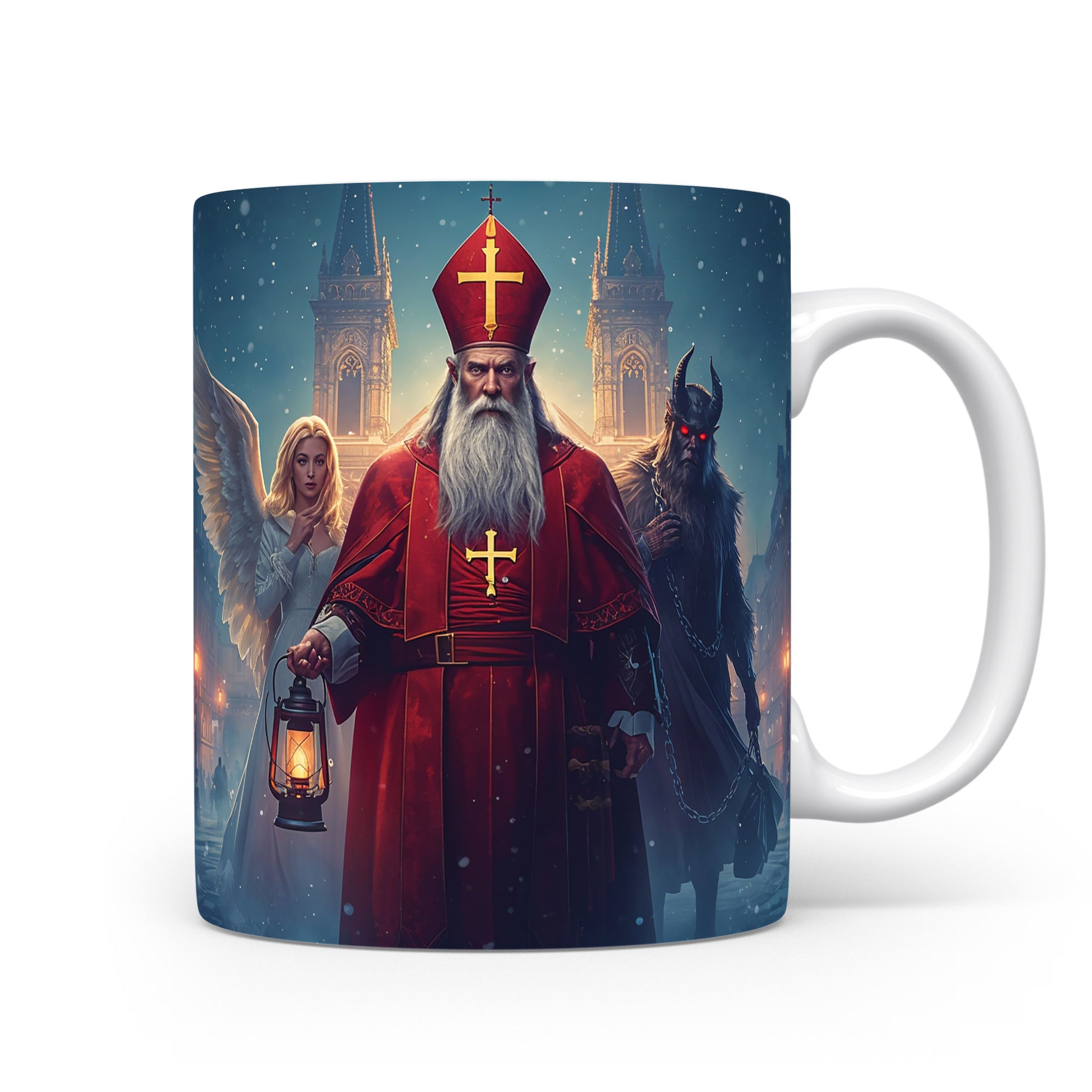 Mikuláš, čert a anděl před kostelem na hrnku