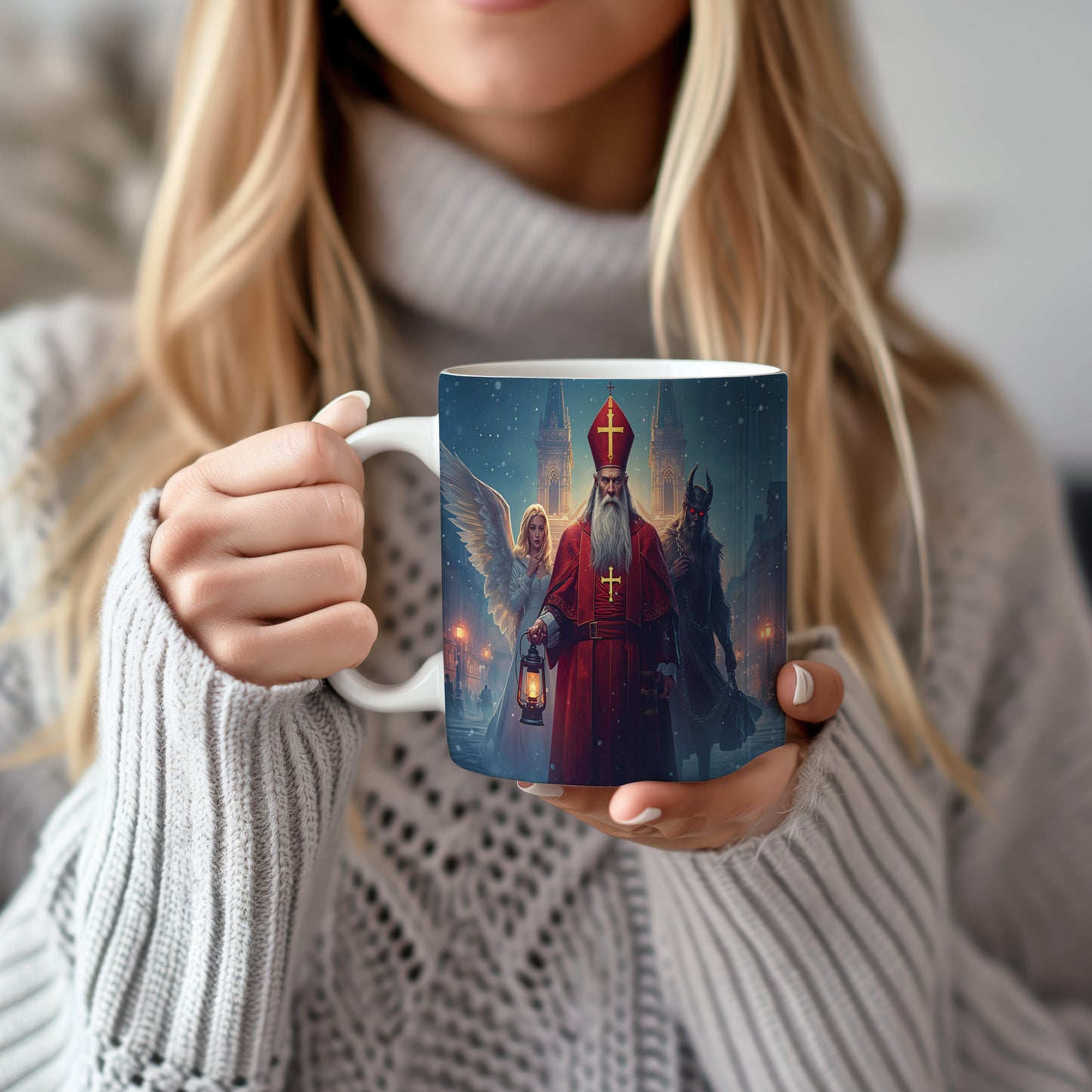 Hrnek s motivem Mikuláše, čerta a anděla – kouzelná noc v zasněžené vesnici