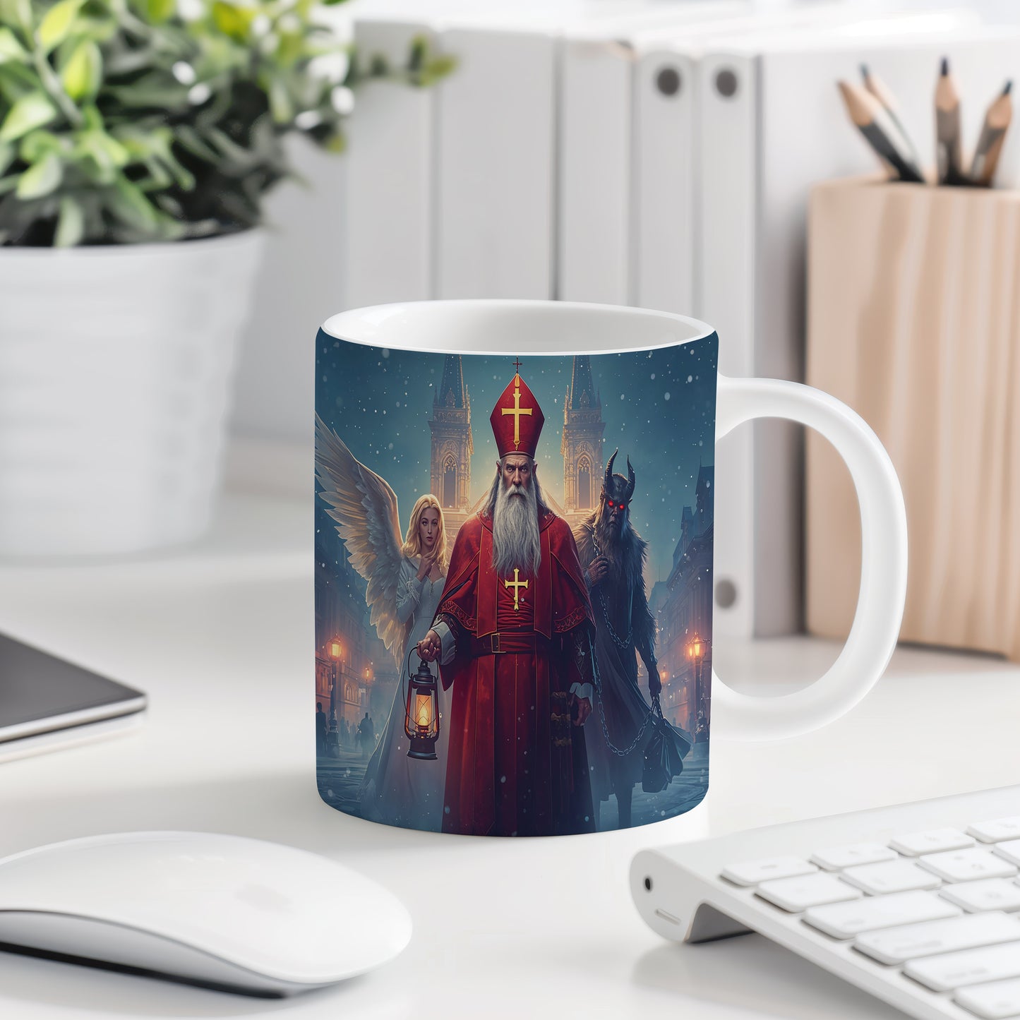 Hrnek s motivem Mikuláše, čerta a anděla – kouzelná noc v zasněžené vesnici