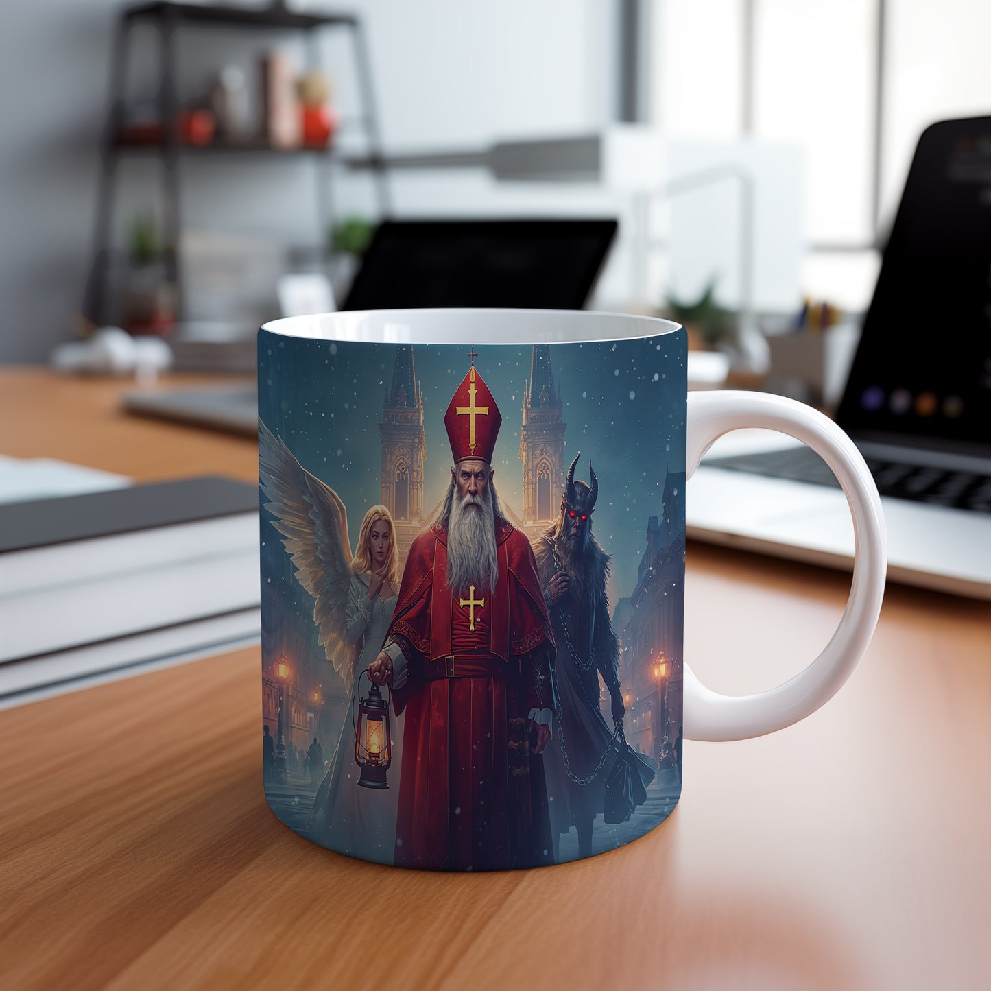 Hrnek s motivem Mikuláše, čerta a anděla – kouzelná noc v zasněžené vesnici