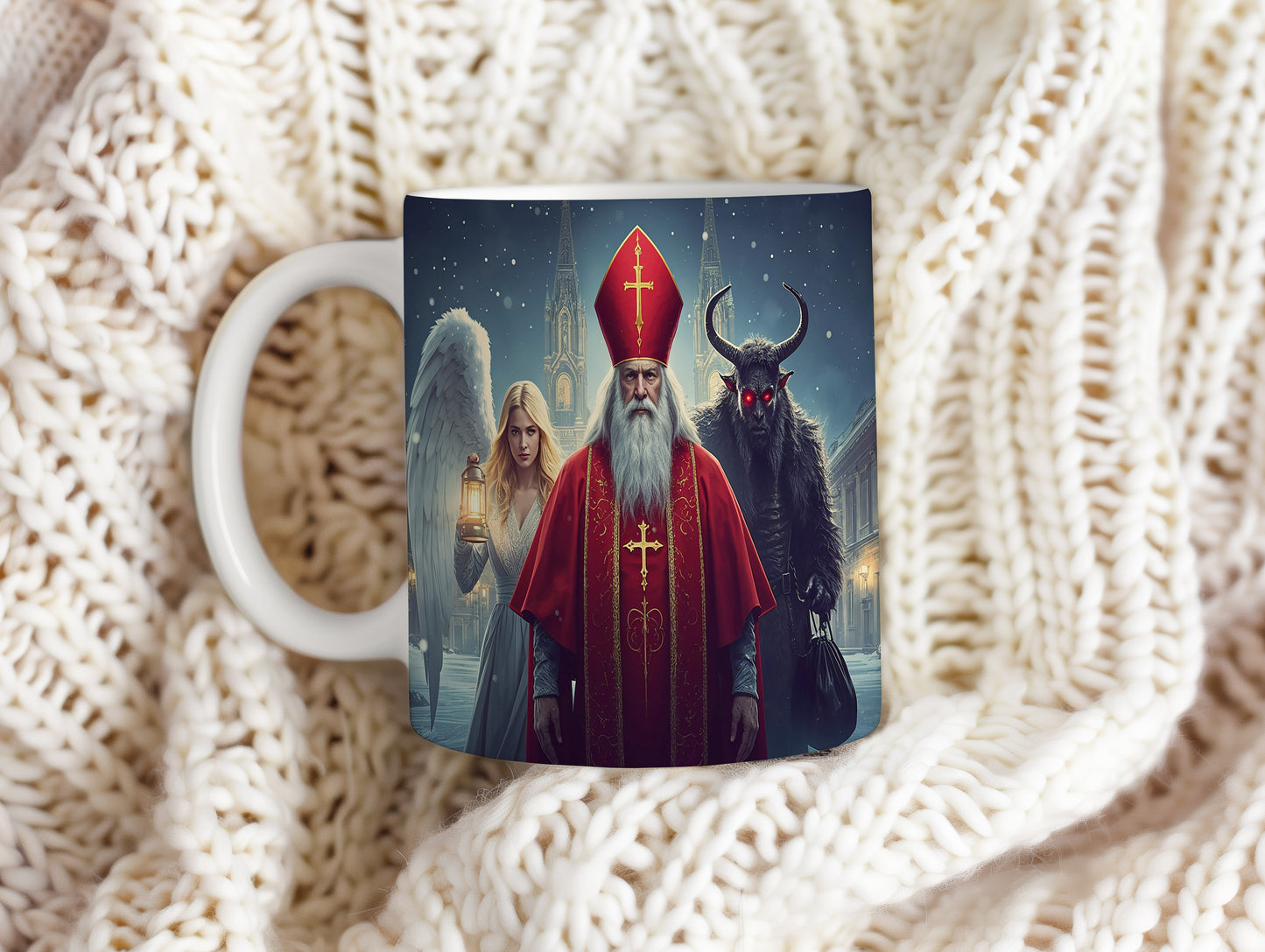 Hrnek s motivem Mikuláše, čerta a anděla – stříbrná zimní noc