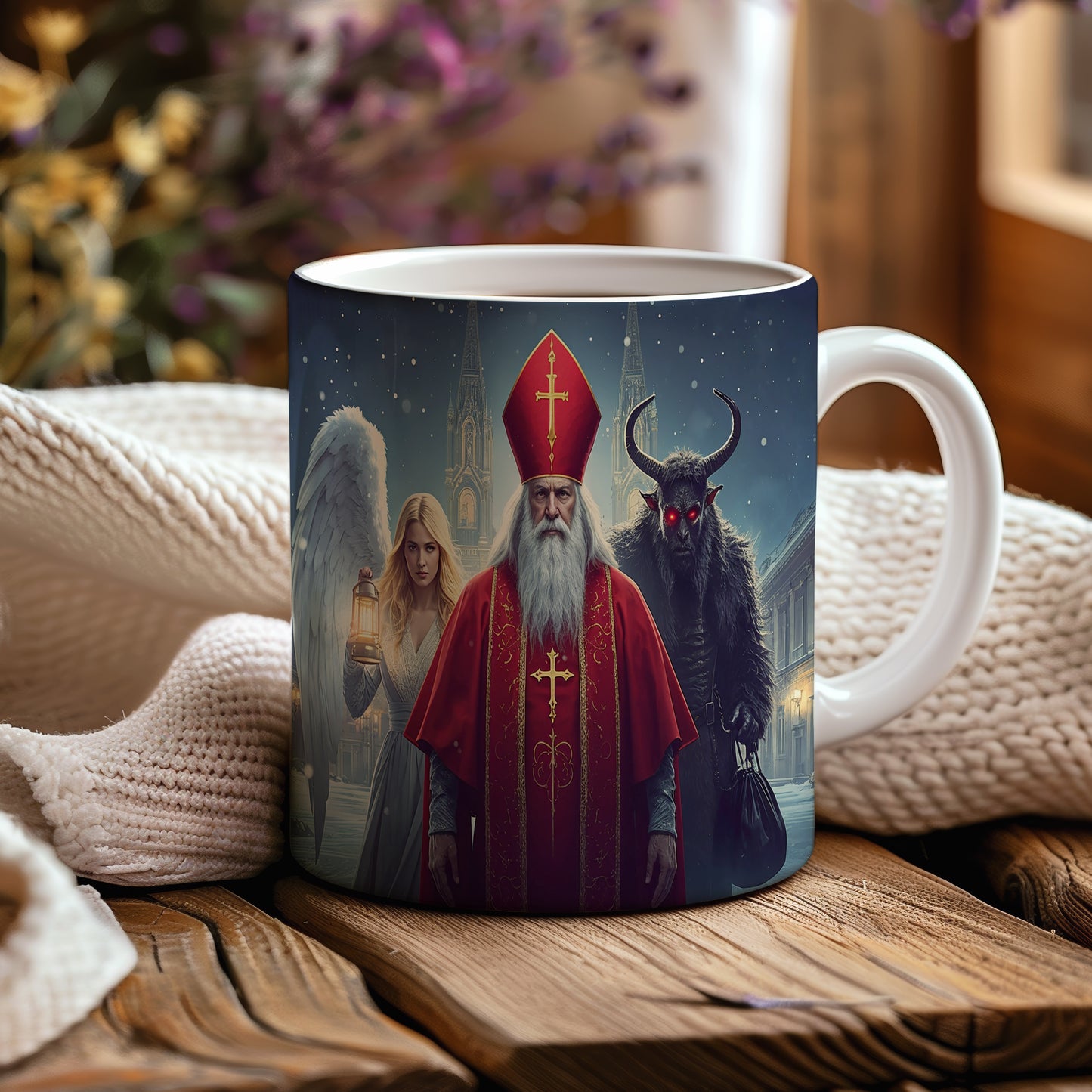 Hrnek s motivem Mikuláše, čerta a anděla – stříbrná zimní noc