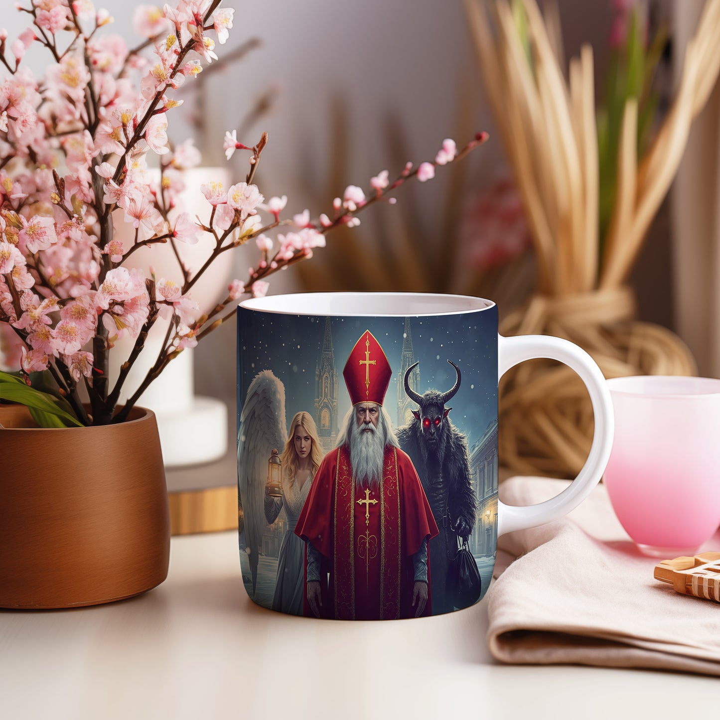 Hrnek s motivem Mikuláše, čerta a anděla – stříbrná zimní noc