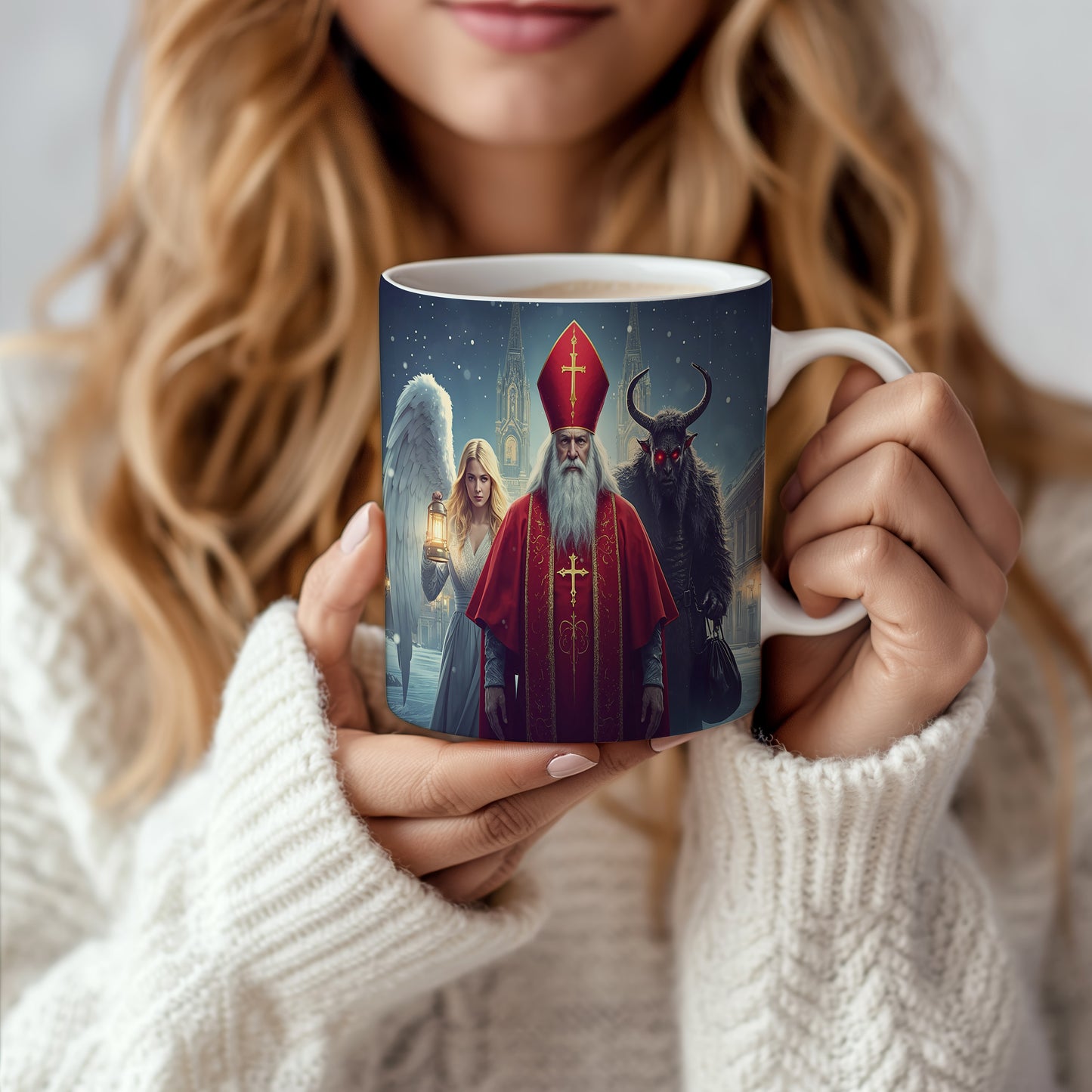 Hrnek s motivem Mikuláše, čerta a anděla – stříbrná zimní noc