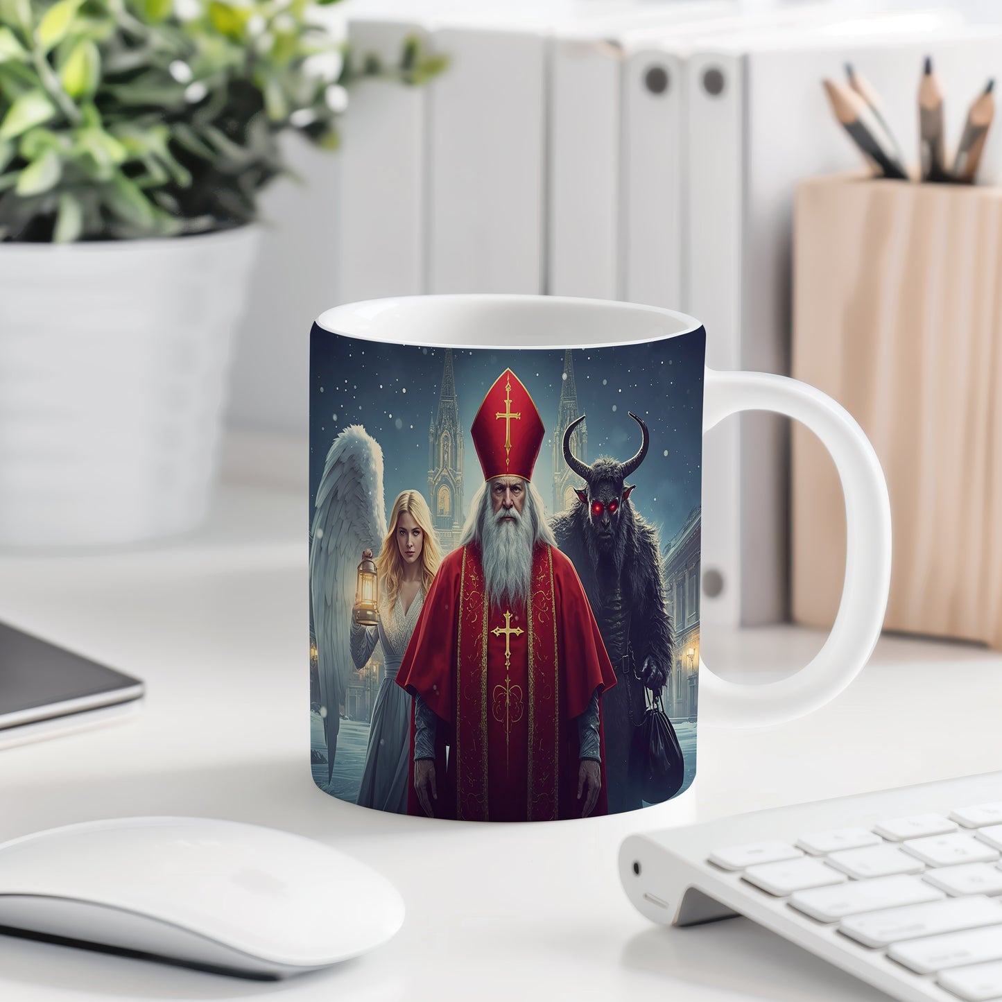 Hrnek s motivem Mikuláše, čerta a anděla – stříbrná zimní noc