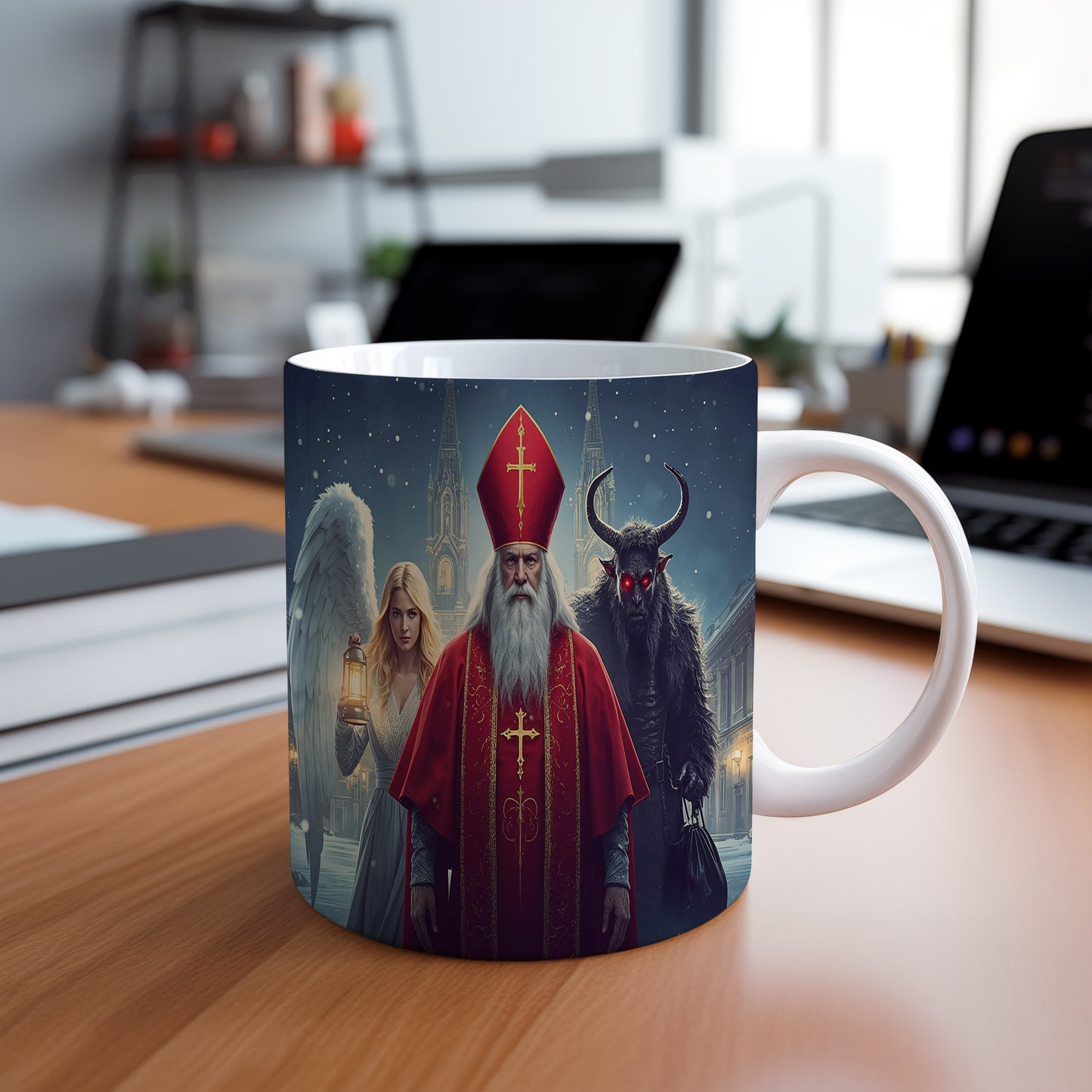 Hrnek s motivem Mikuláše, čerta a anděla – stříbrná zimní noc