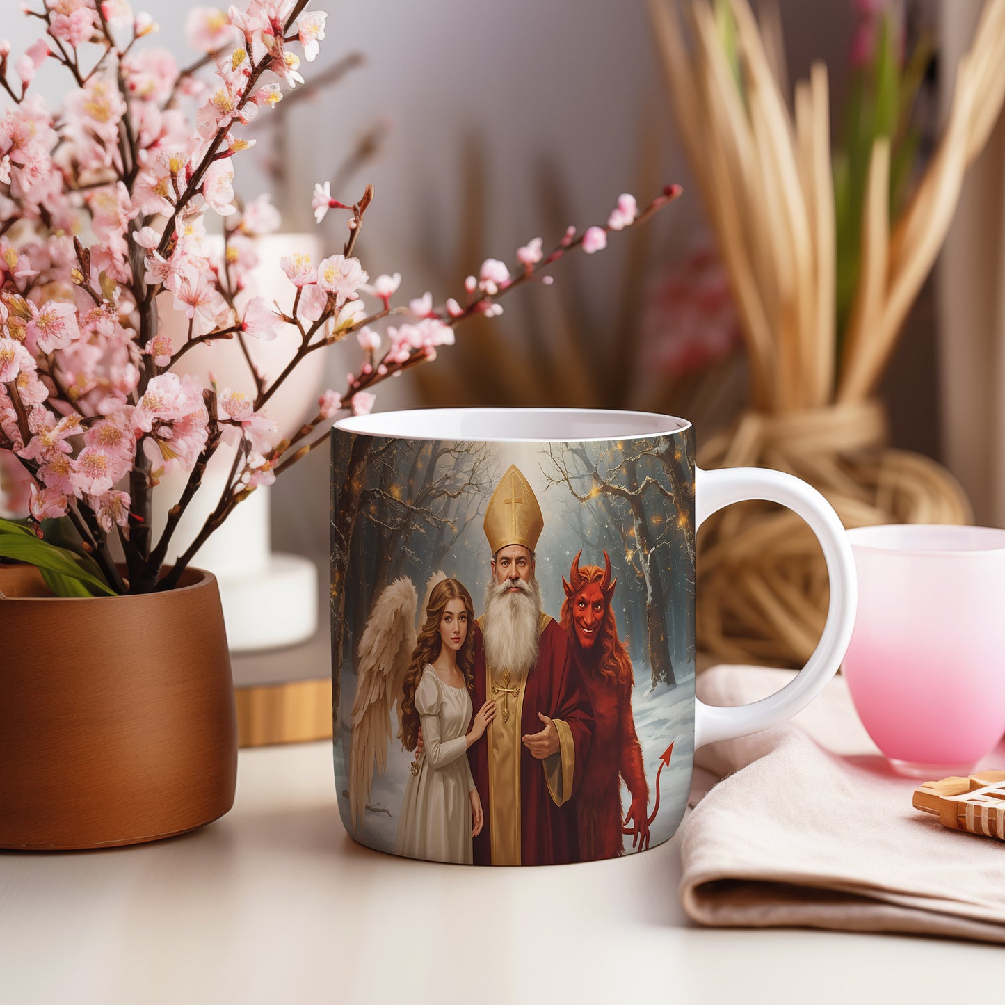 Hrnek s motivem Mikuláše, čerta a anděla – kouzelný zimní les