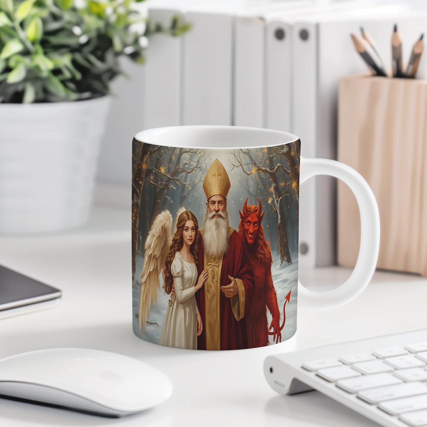 Hrnek s motivem Mikuláše, čerta a anděla – kouzelný zimní les