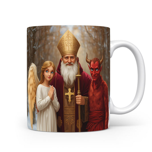 Mikuláš, čert a anděl ve sněhovém lese