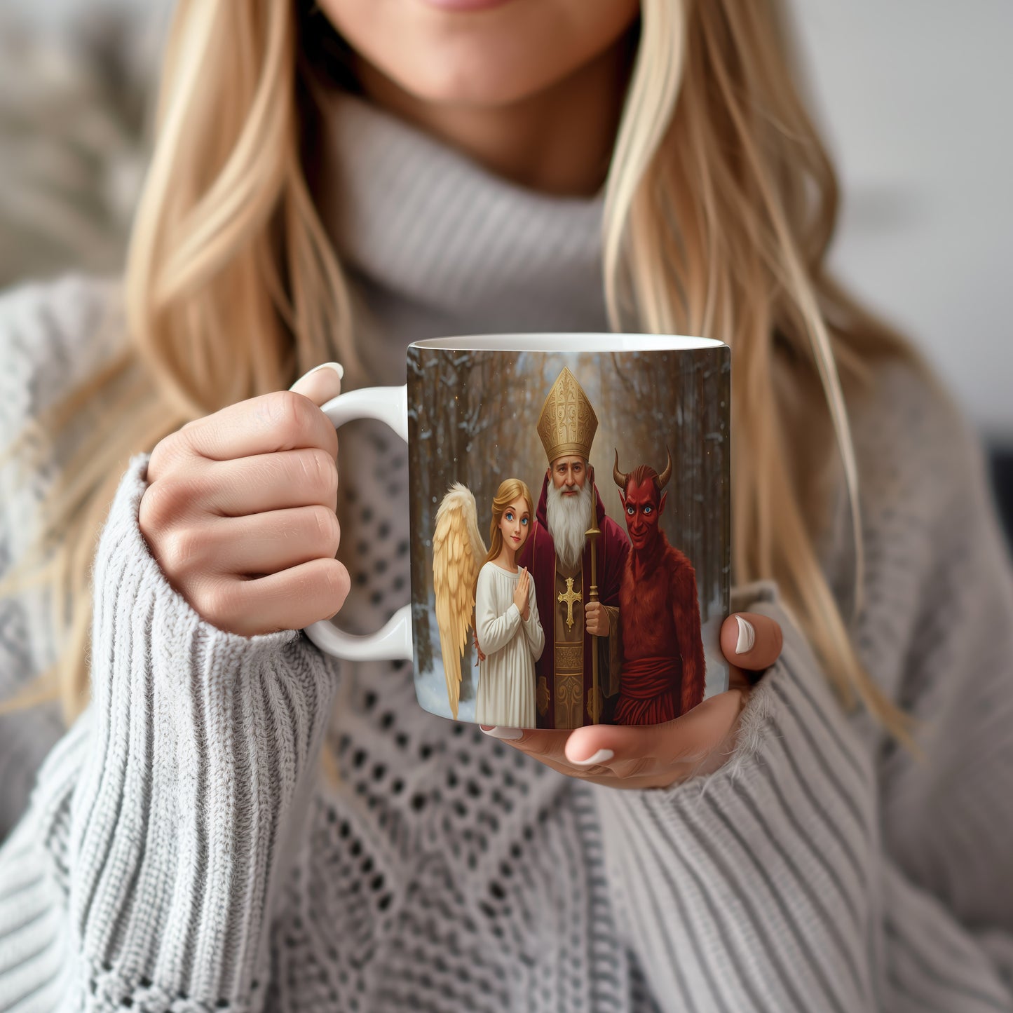 Hrnek s motivem Mikuláše, čerta a anděla – zářivá zimní pohádka