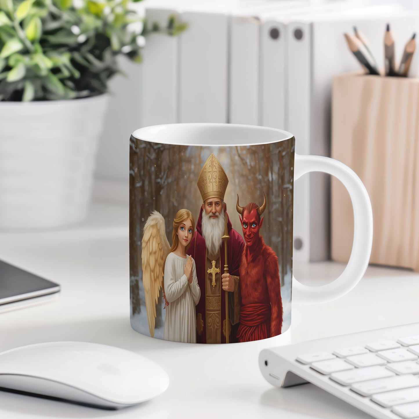 Hrnek s motivem Mikuláše, čerta a anděla – zářivá zimní pohádka