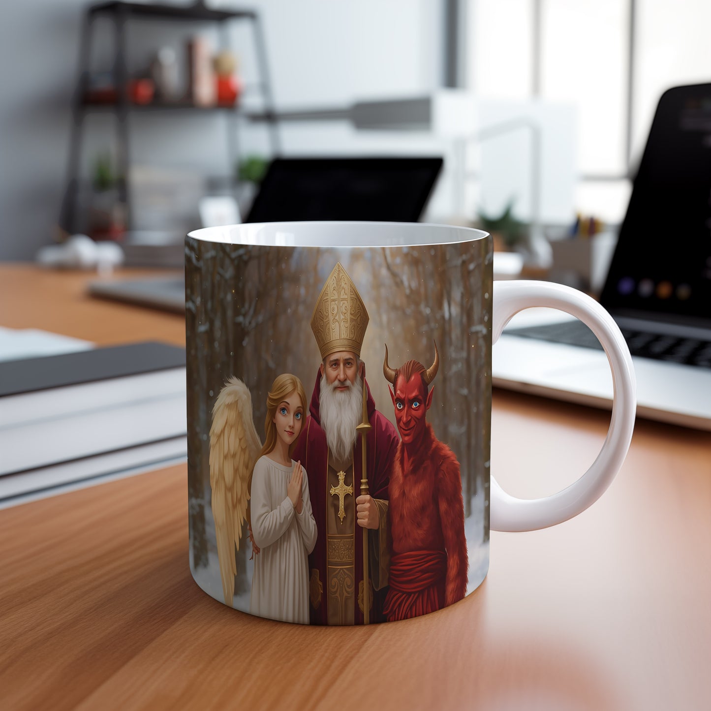 Hrnek s motivem Mikuláše, čerta a anděla – zářivá zimní pohádka