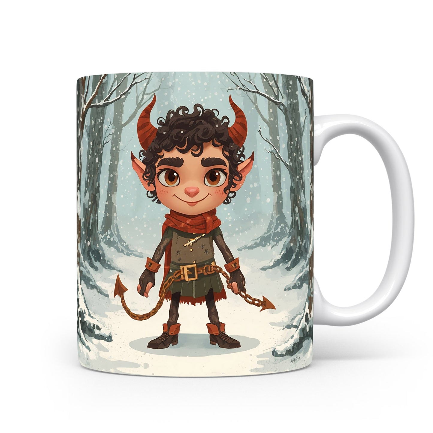 Čert v zasněženém lese na hrnku