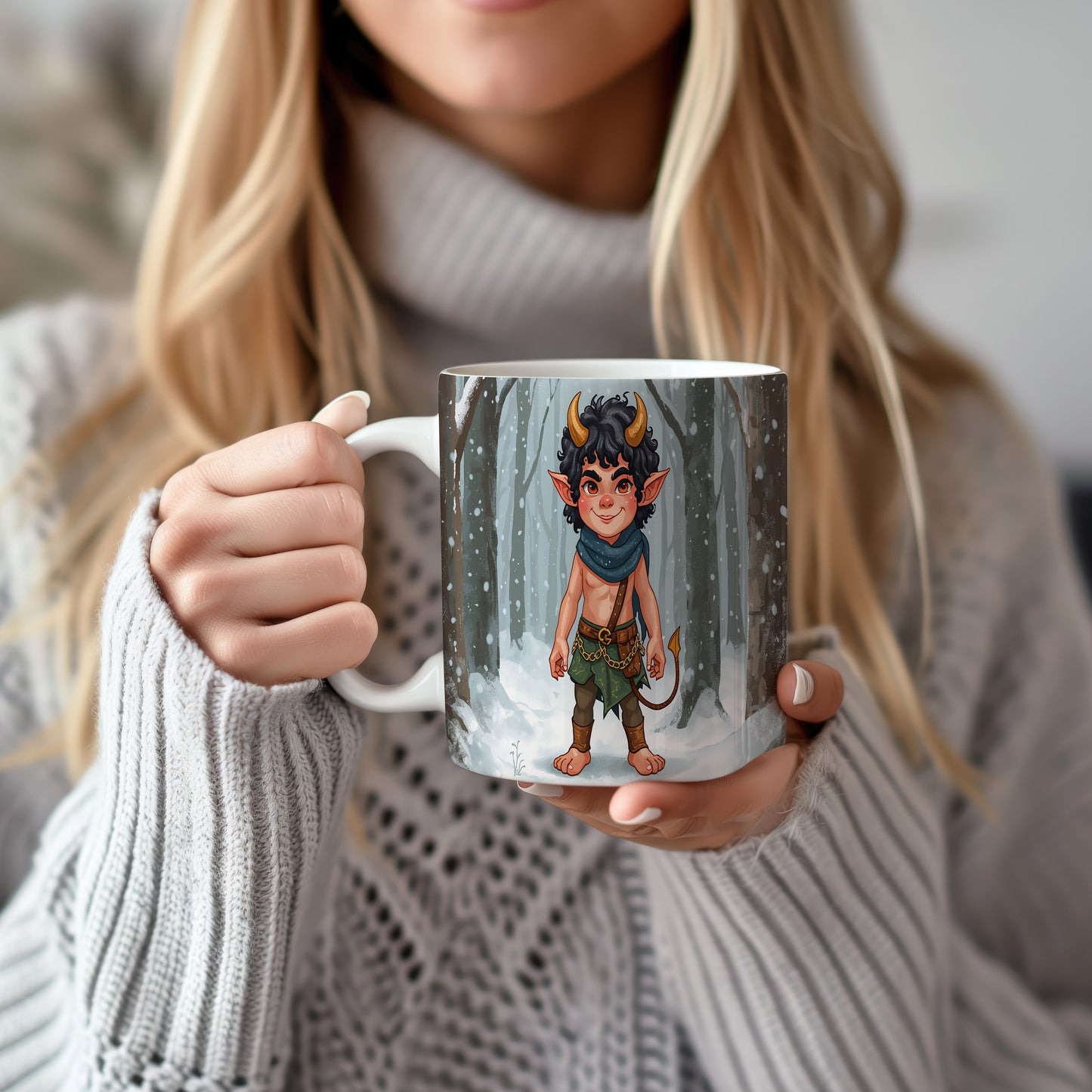 Hrnek s motivem čerta – kouzlo zimního lesa